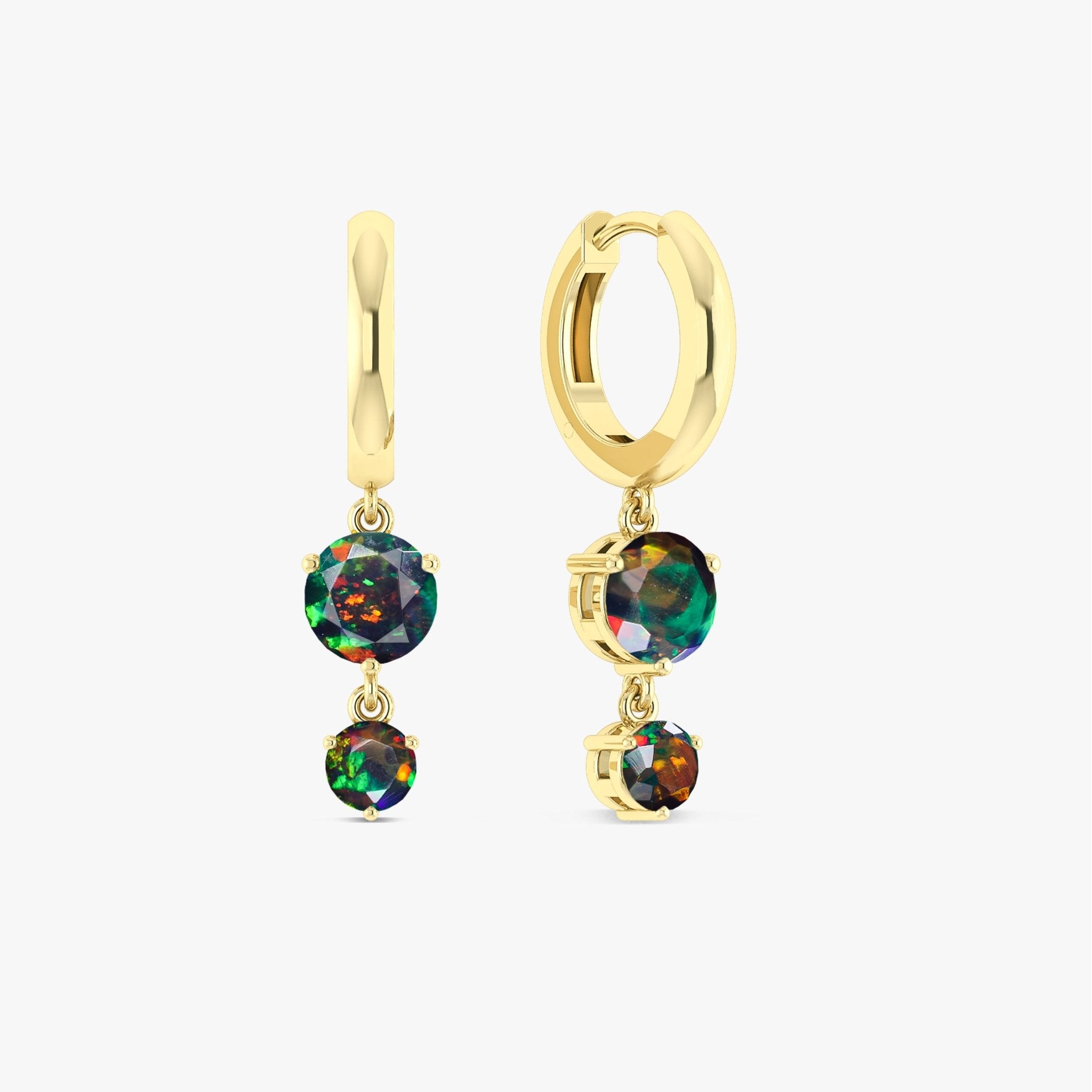 2 Round Stone Natural Black Opal Drop Hoop Earrings - Goodstone Jewels