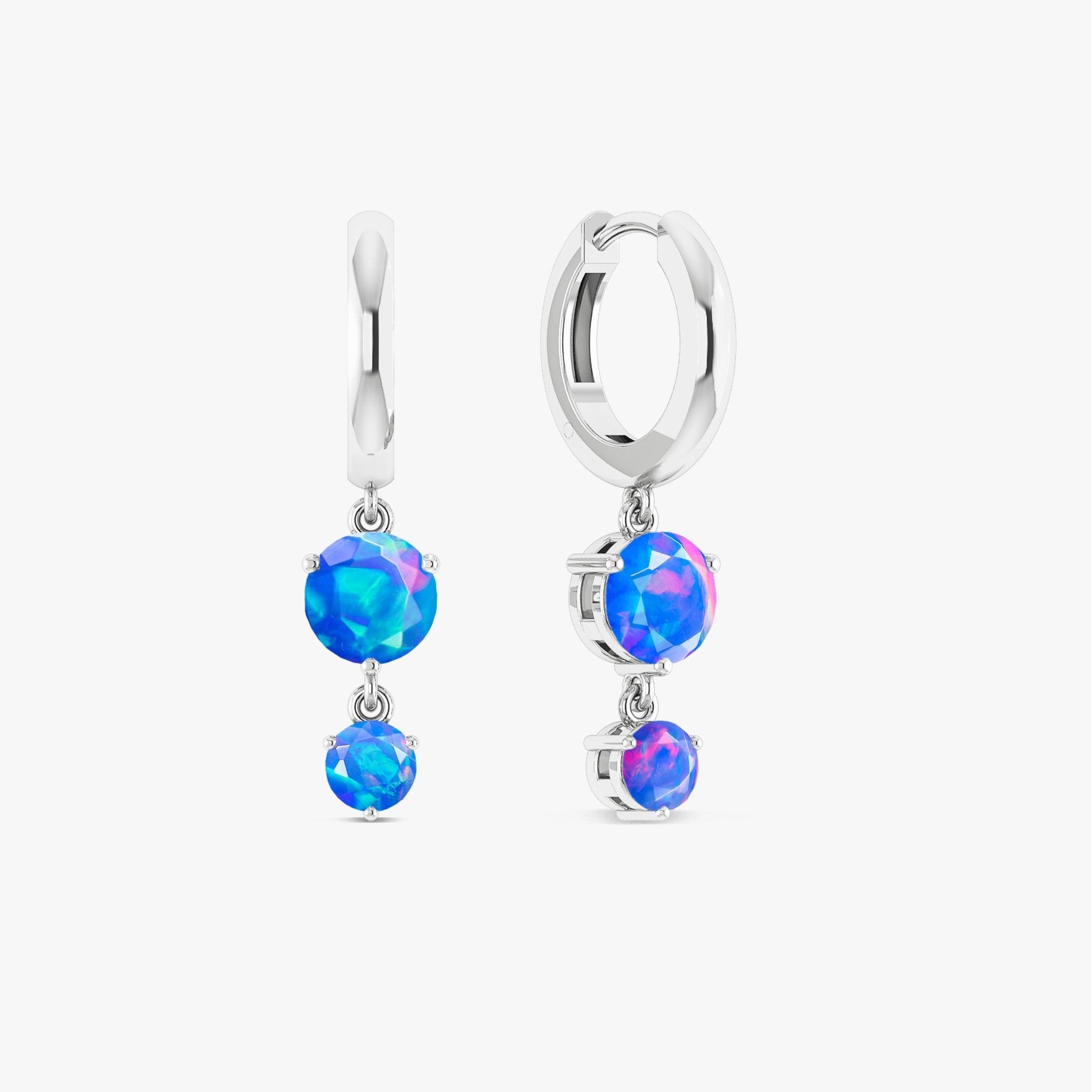 2 Round Stone Natural Blue Opal Drop Hoop Earrings - Goodstone Jewels