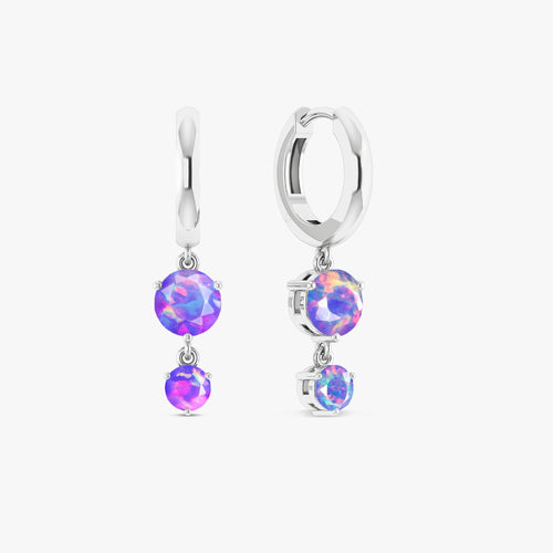 2 Round Stone Natural Lavender Opal Drop Hoop Earrings