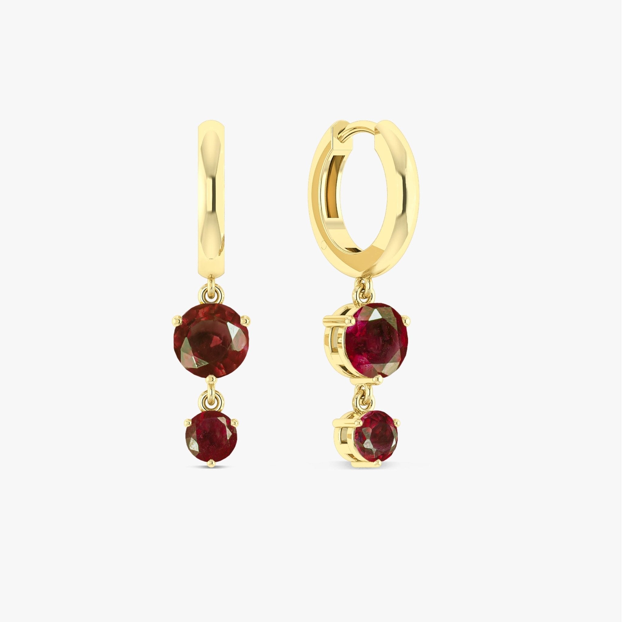 2 Round Stone Natural Ruby Drop Hoop Earrings - Goodstone Jewels