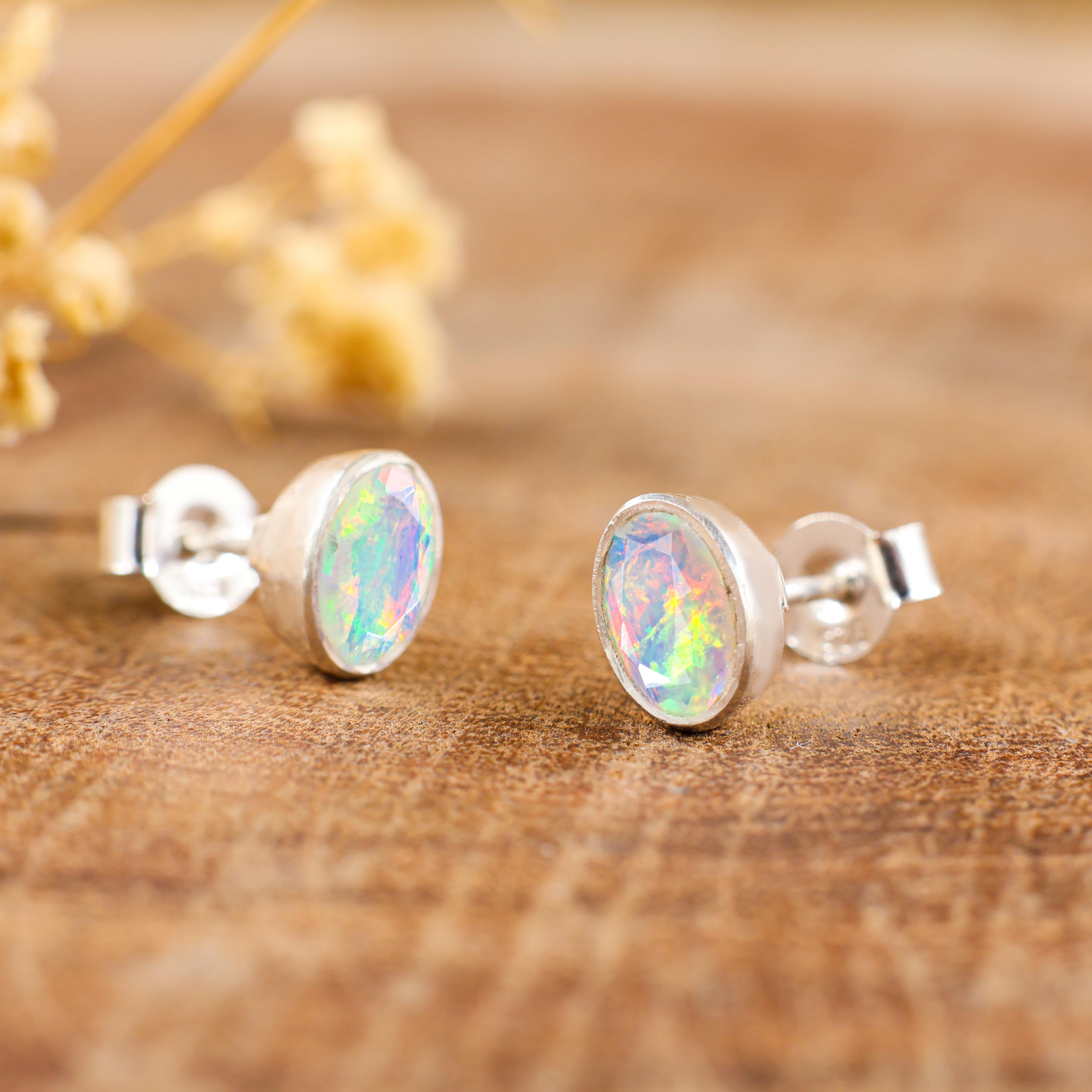 Natural Multifire Oval Opal Stud Earring