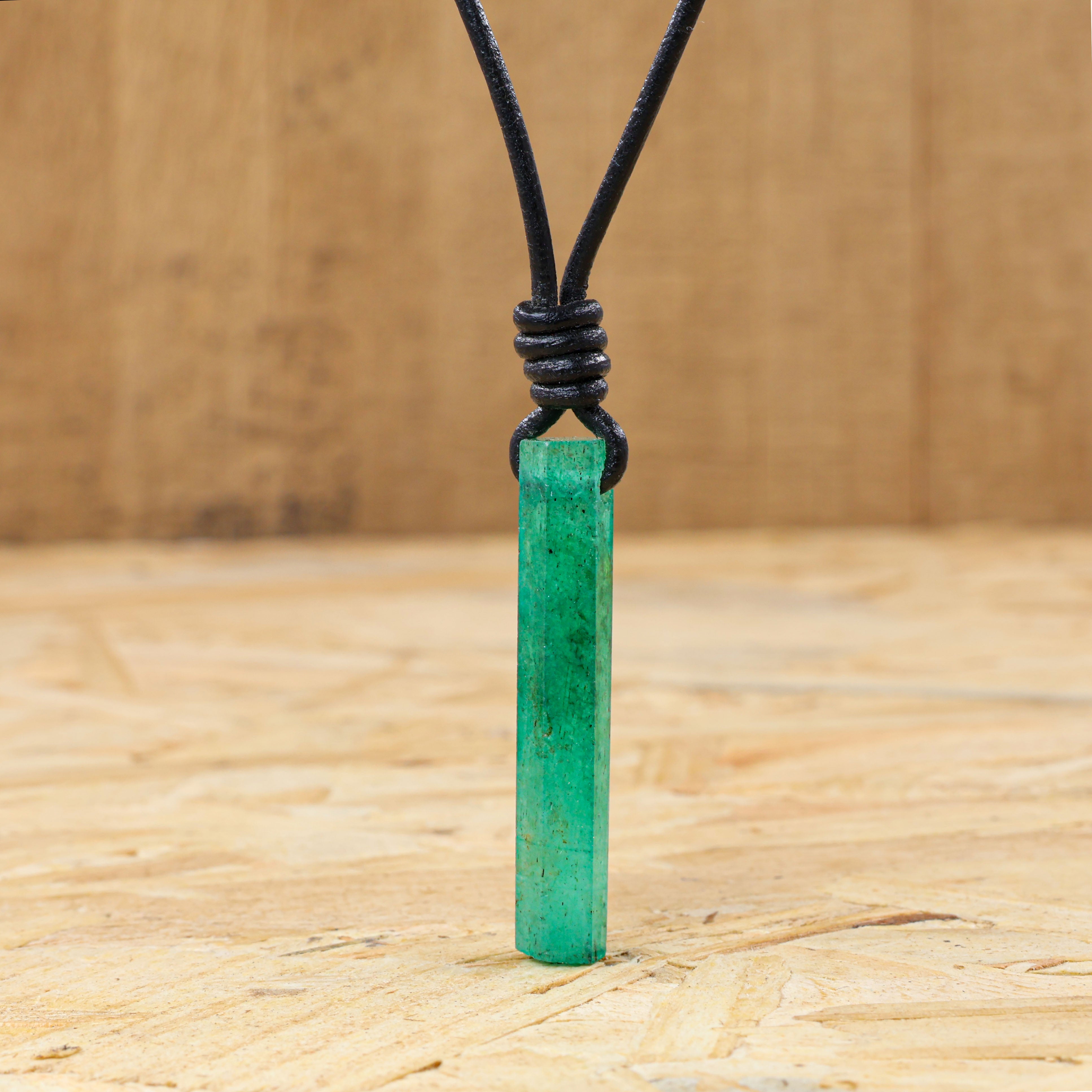 Natural Emerald Pencil Leather Cord Pendant Necklace