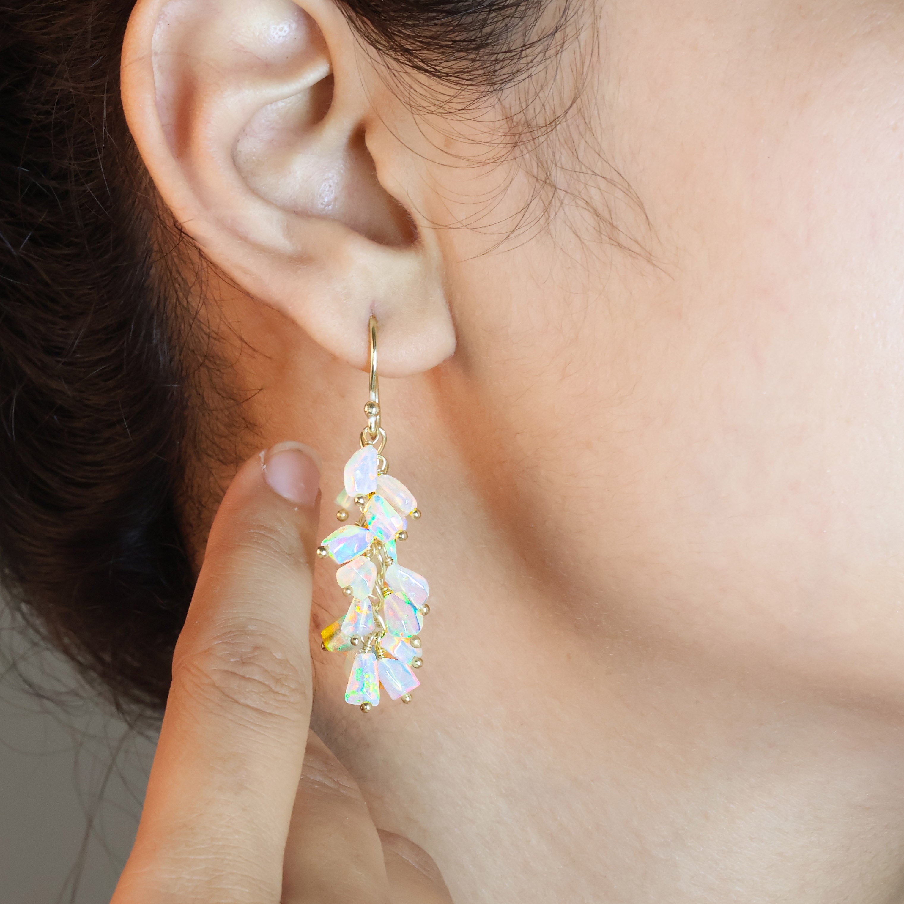 Natural White Opal Tumble Shape Beaded Cluster Earrings