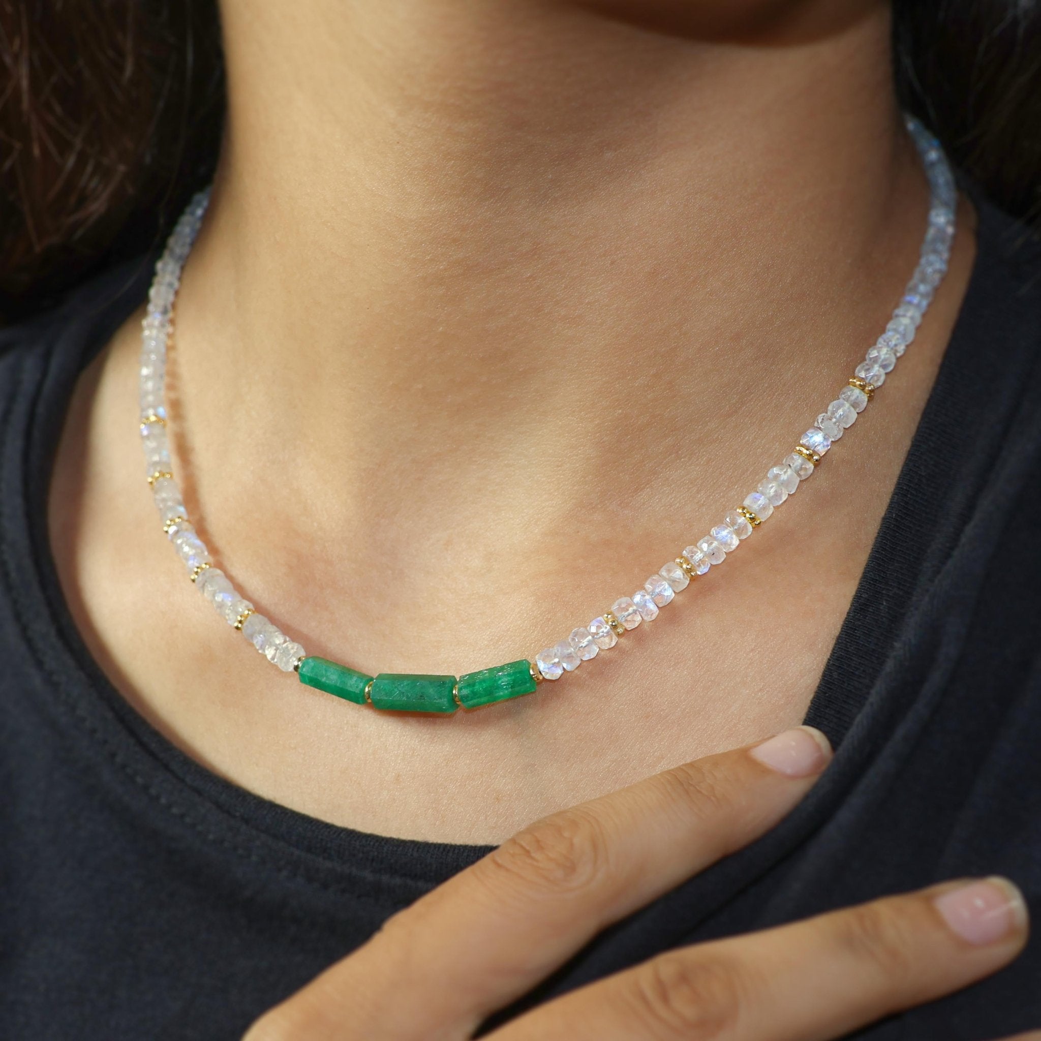 3 Pencil Beaded Necklace Natural Moonstone and Emerald - Goodstone Jewels
