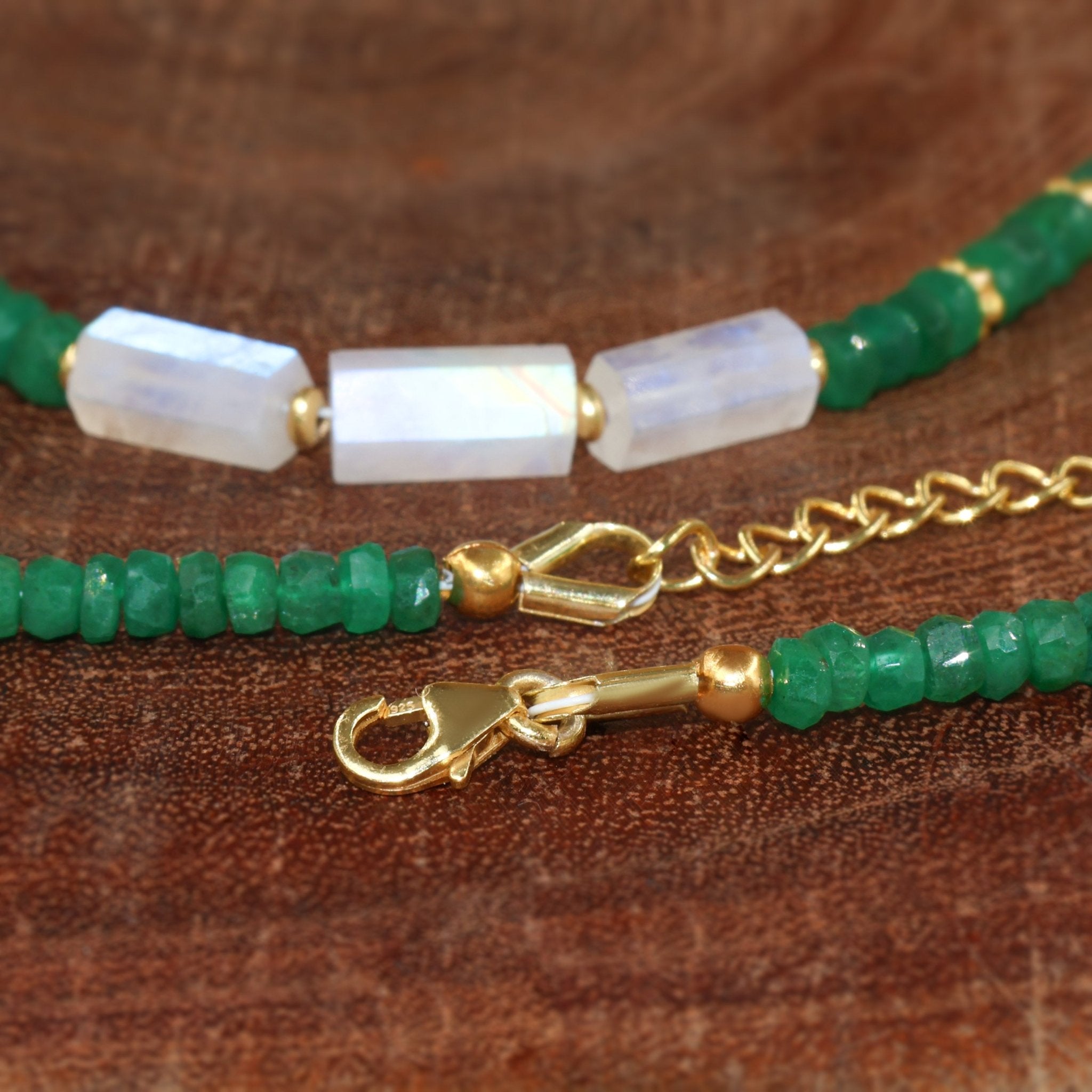 3 Pencil Beaded Necklace Natural Moonstone and Emerald - Goodstone Jewels