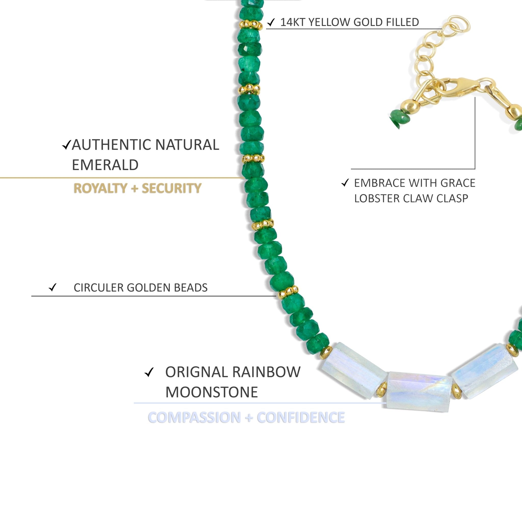 3 Pencil Beaded Necklace Natural Moonstone and Emerald - Goodstone Jewels
