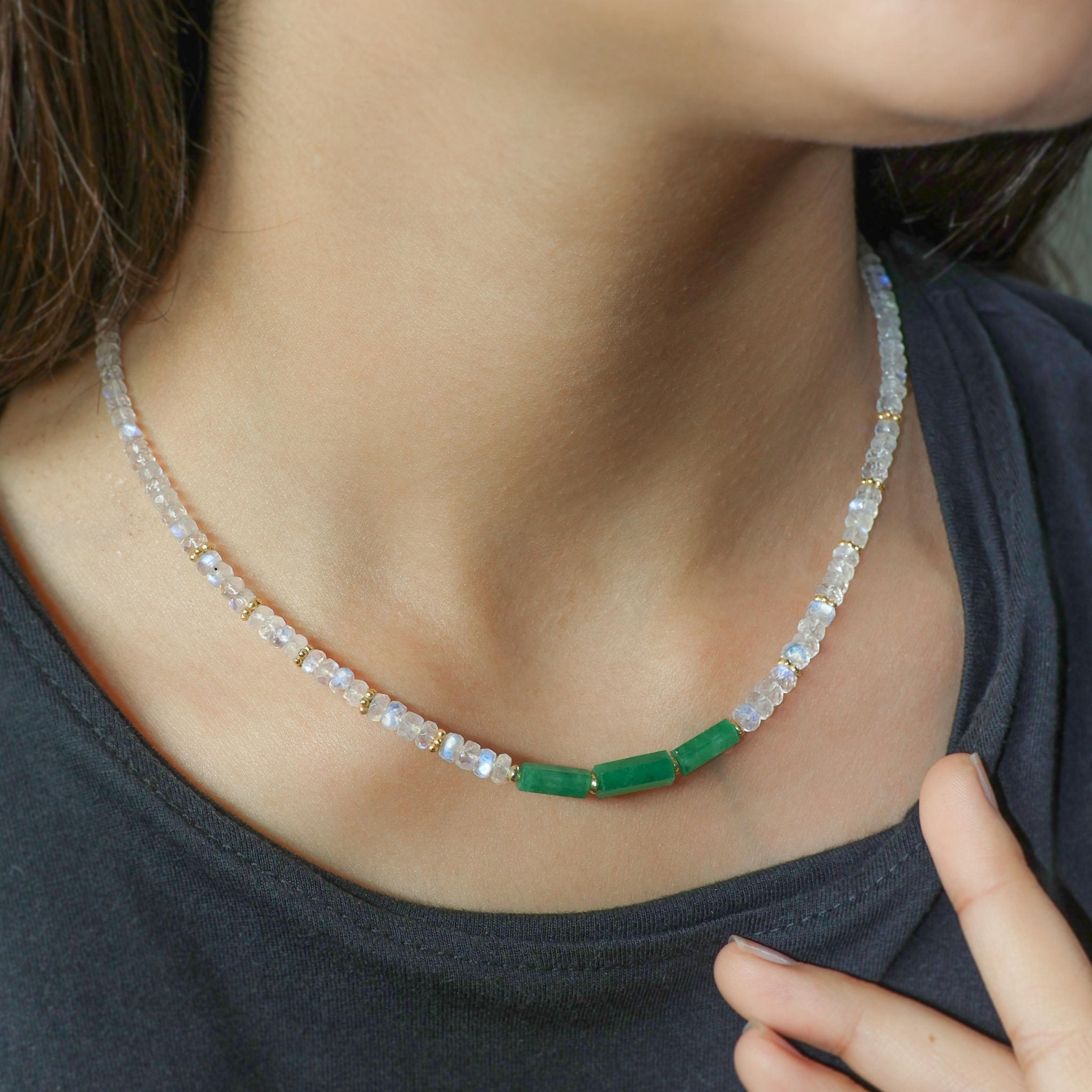 3 Pencil Beaded Necklace Natural Moonstone and Emerald - Goodstone Jewels