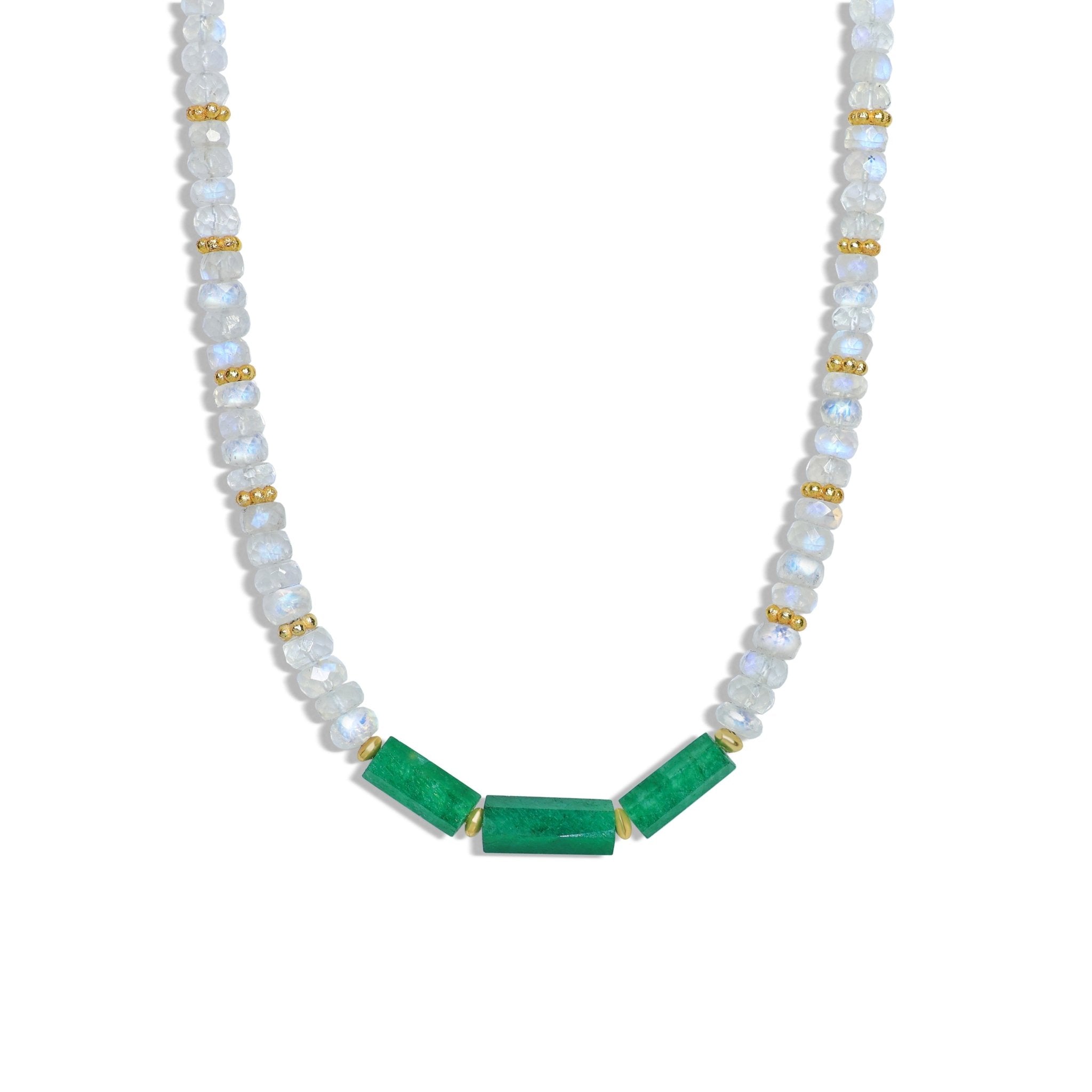 3 Pencil Beaded Necklace Natural Moonstone and Emerald - Goodstone Jewels