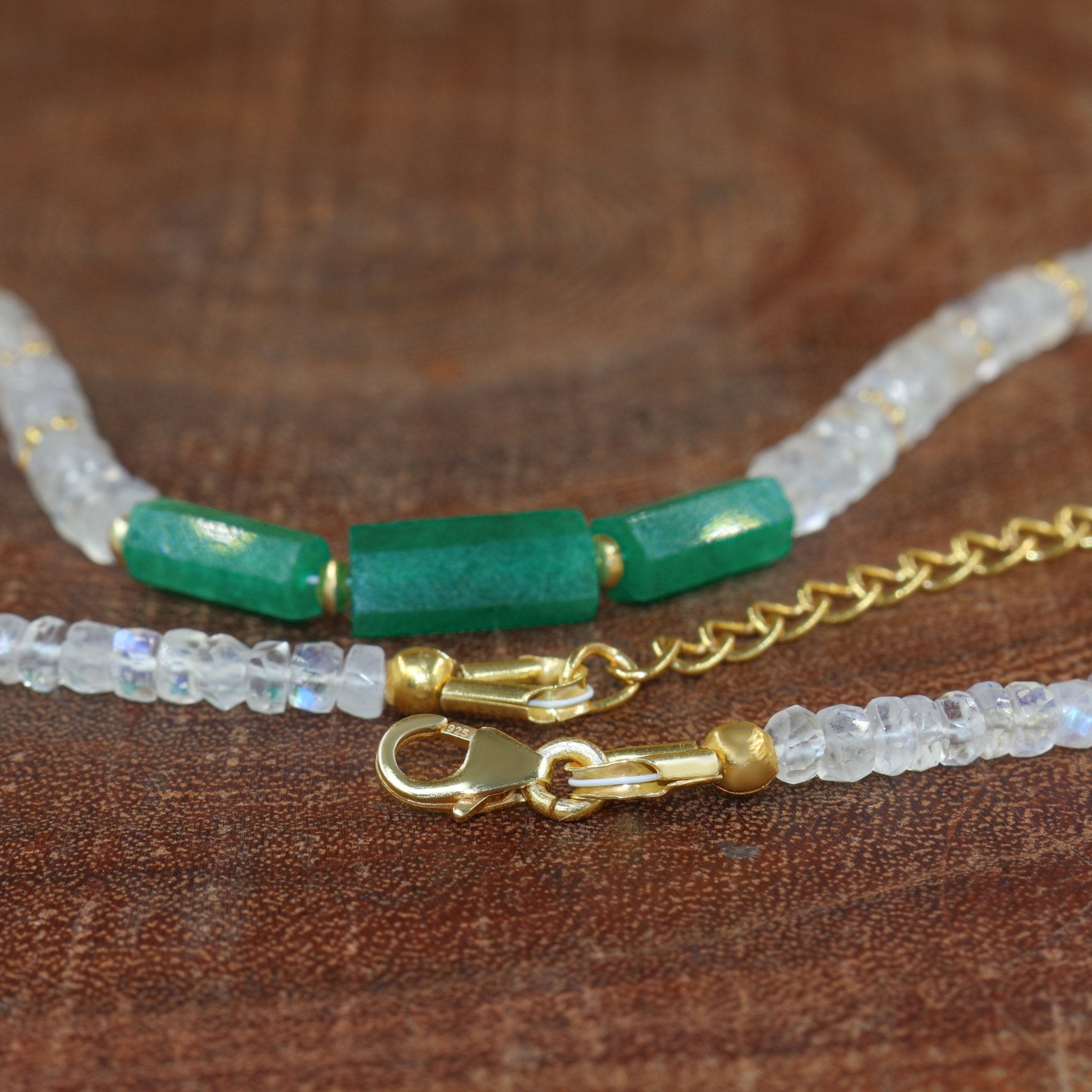 3 Pencil Beaded Necklace Natural Moonstone and Emerald - Goodstone Jewels