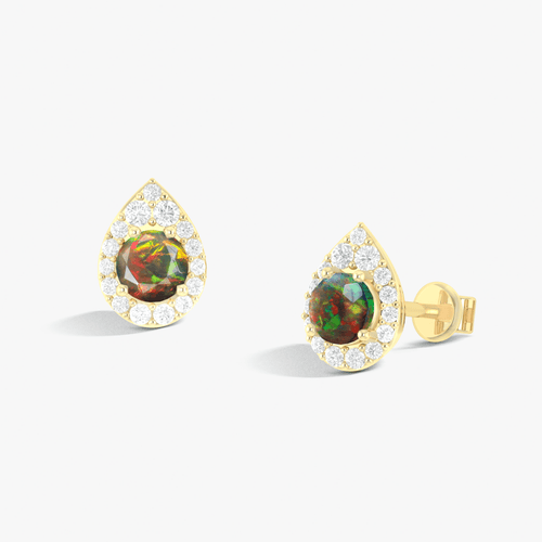 4MM Round Natural Black Opal Halo Stud Earrings with Push Back