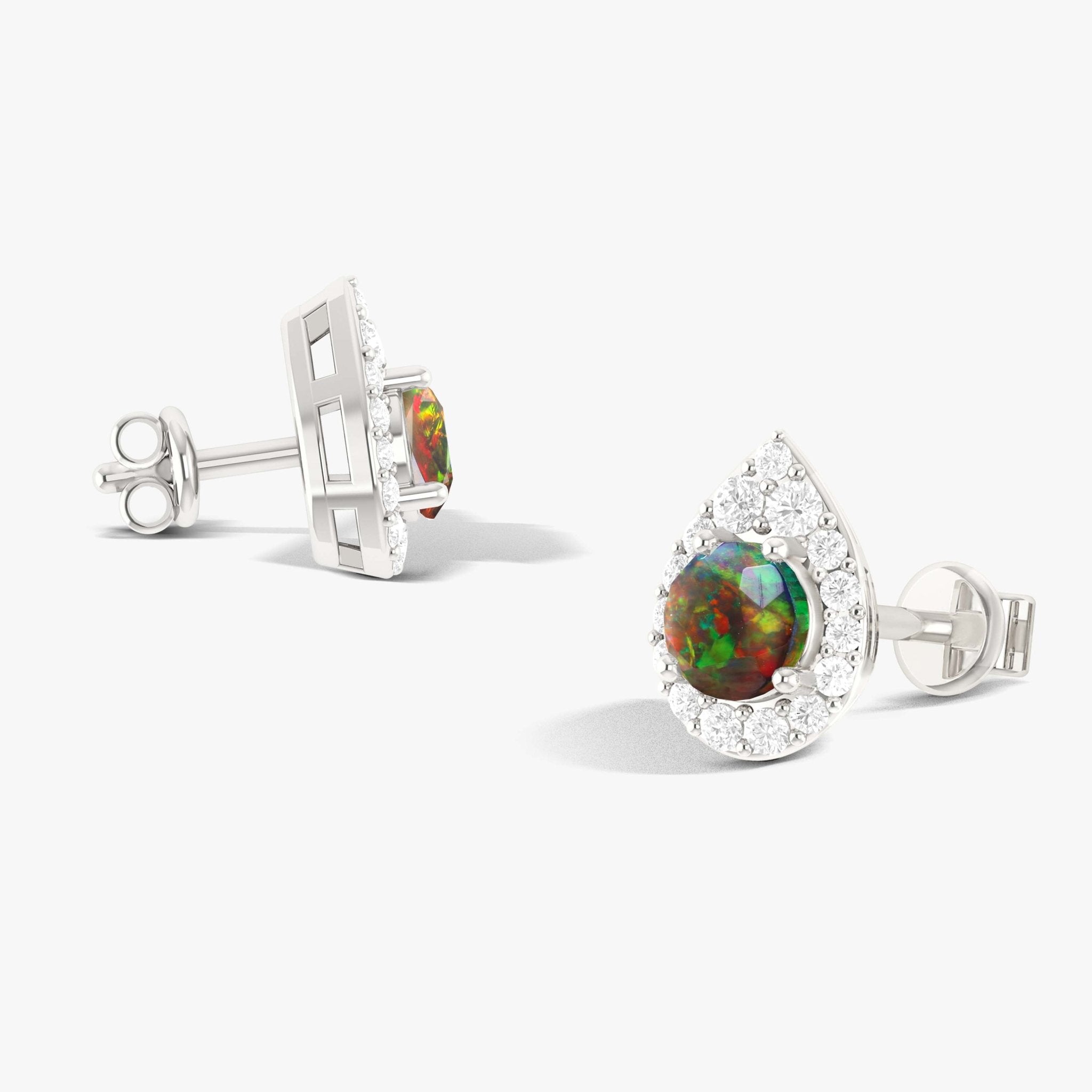 4MM Round Natural Black Opal Halo Stud Earrings with Push Back - Goodstone Jewels