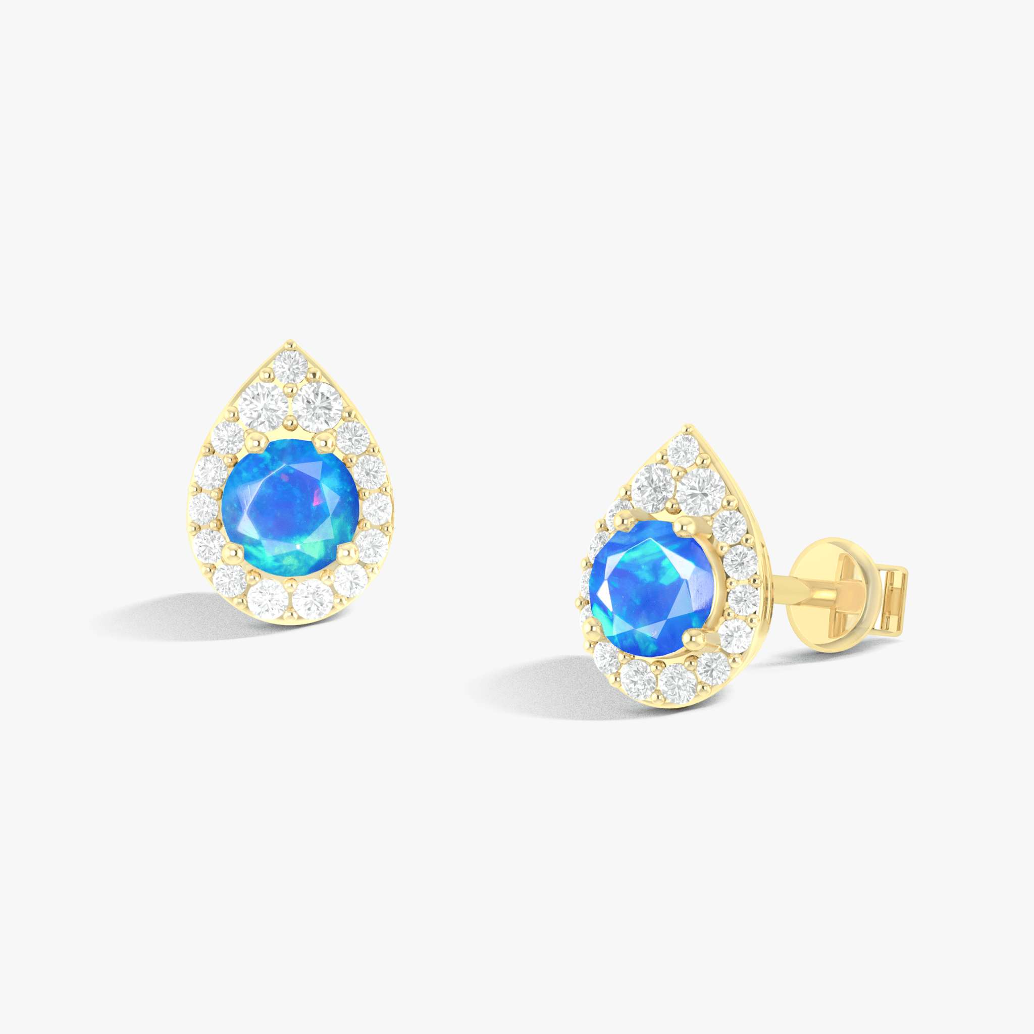 4MM Round Natural Blue Opal Halo Stud Earrings with Push Back - Goodstone Jewels