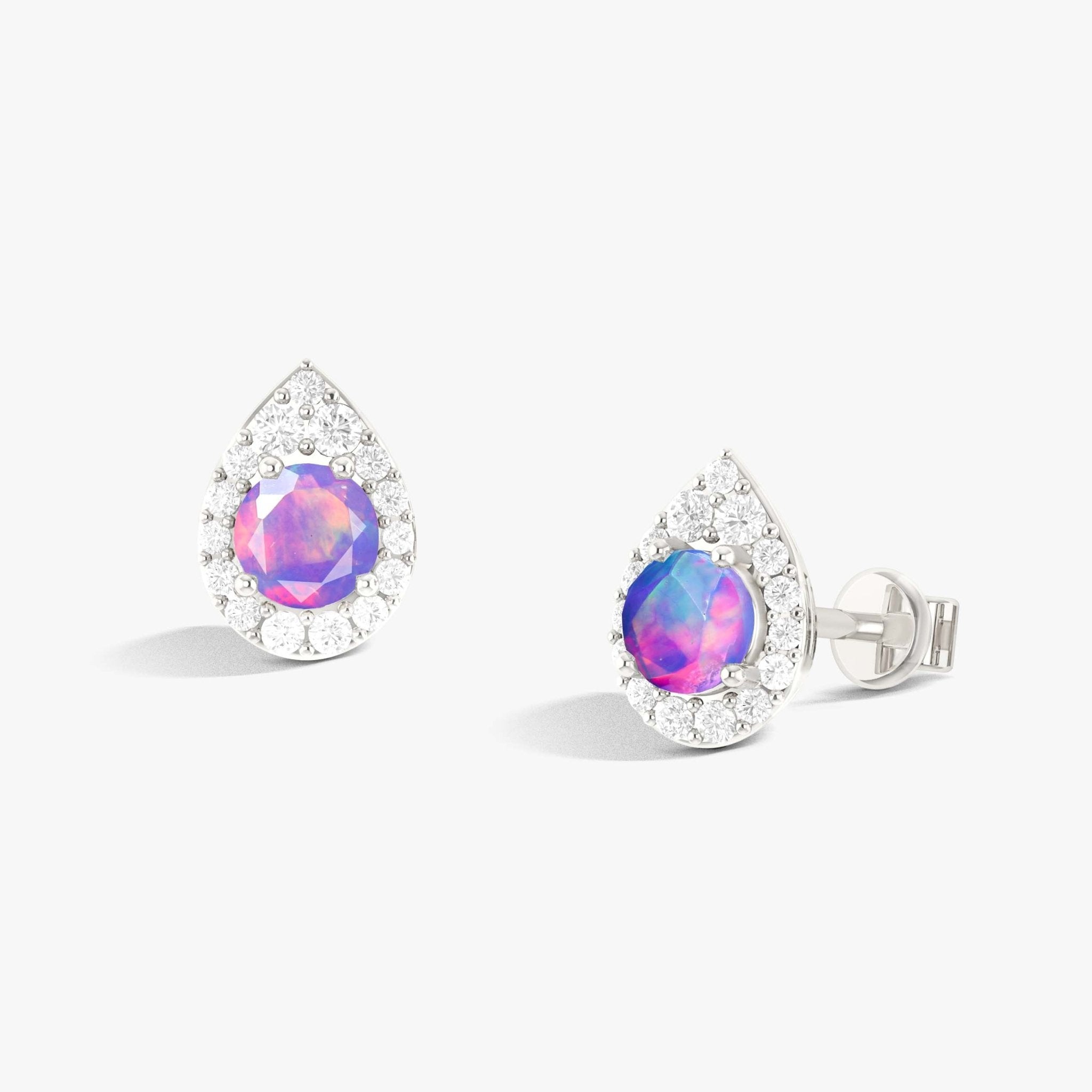 Round Real Lavender Purple Opal Halo Pear  Stud Earrings