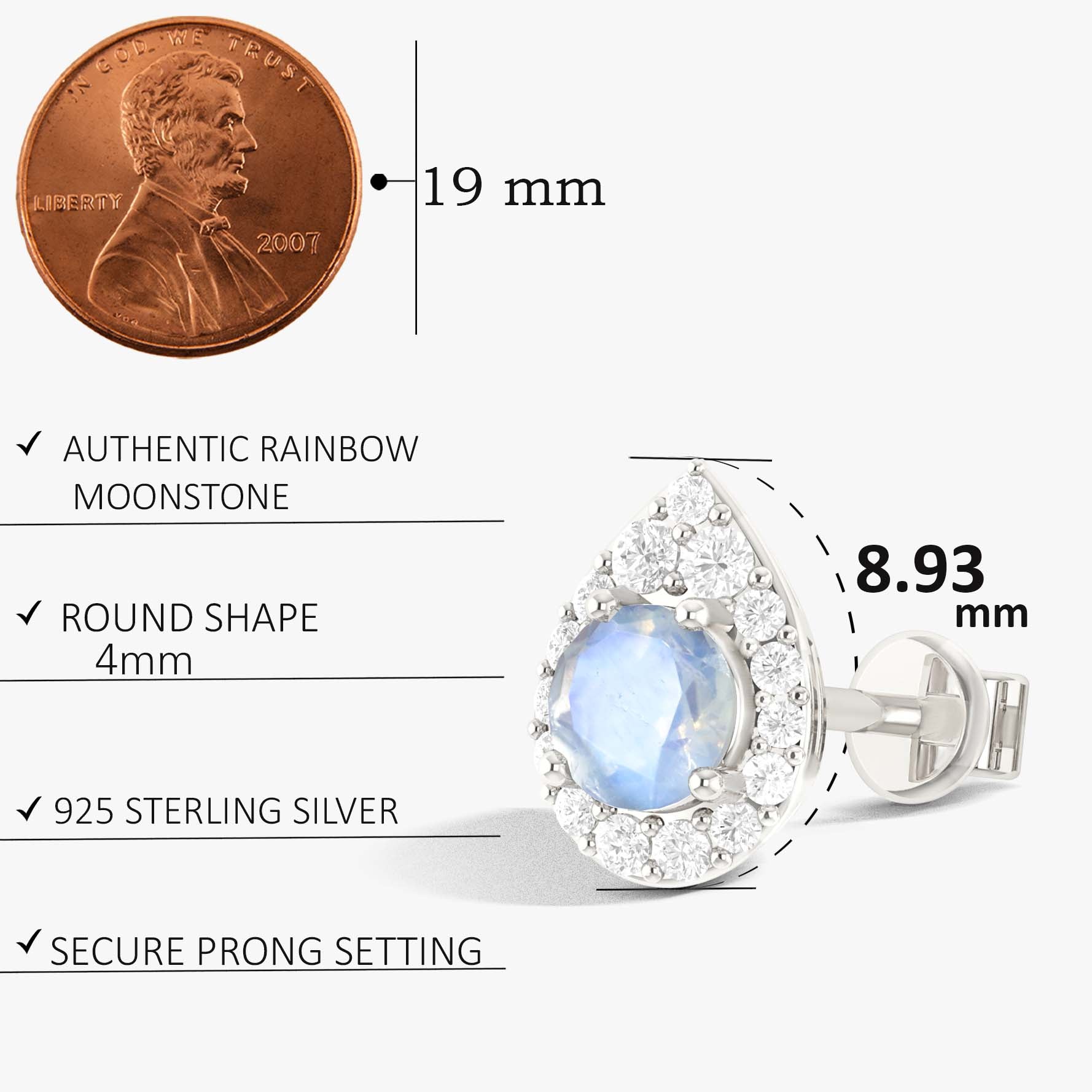 4MM Round Natural Moonstone Halo Stud Earrings with Push Back - Goodstone Jewels