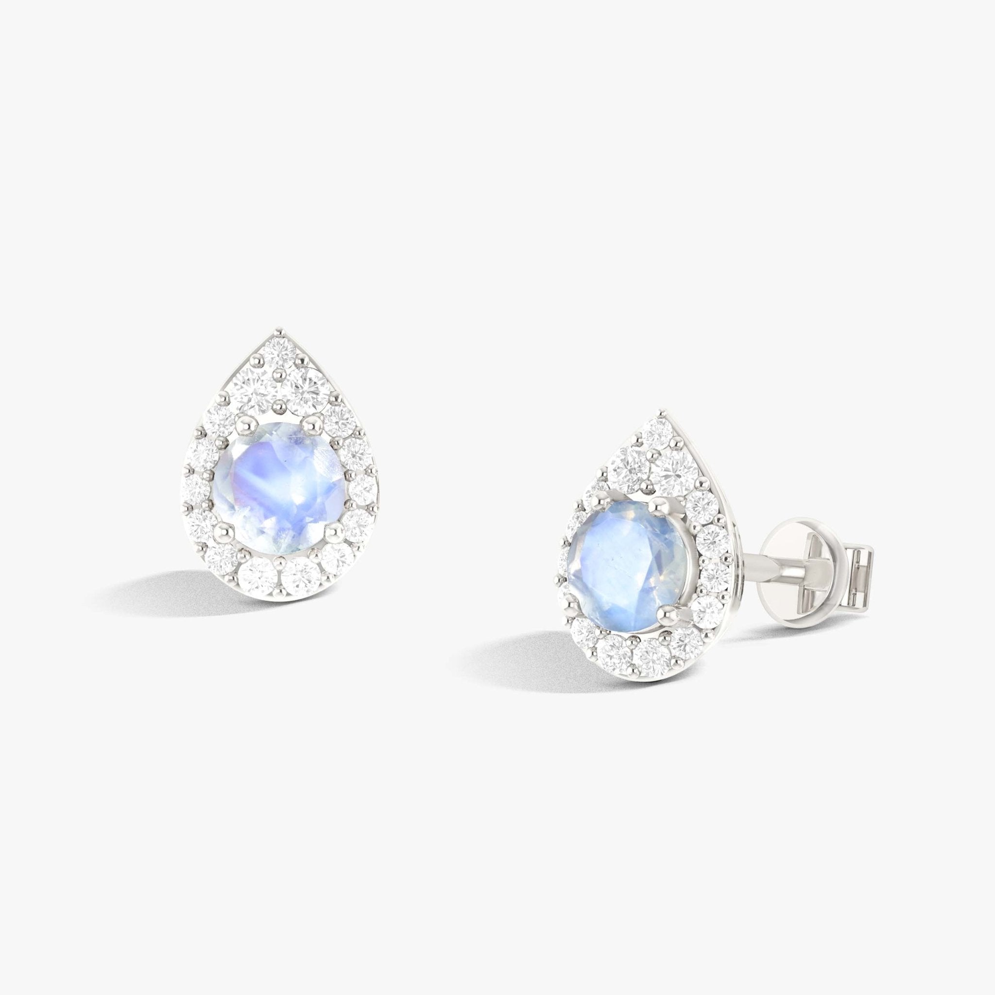 4MM Round Natural Moonstone Halo Stud Earrings with Push Back - Goodstone Jewels