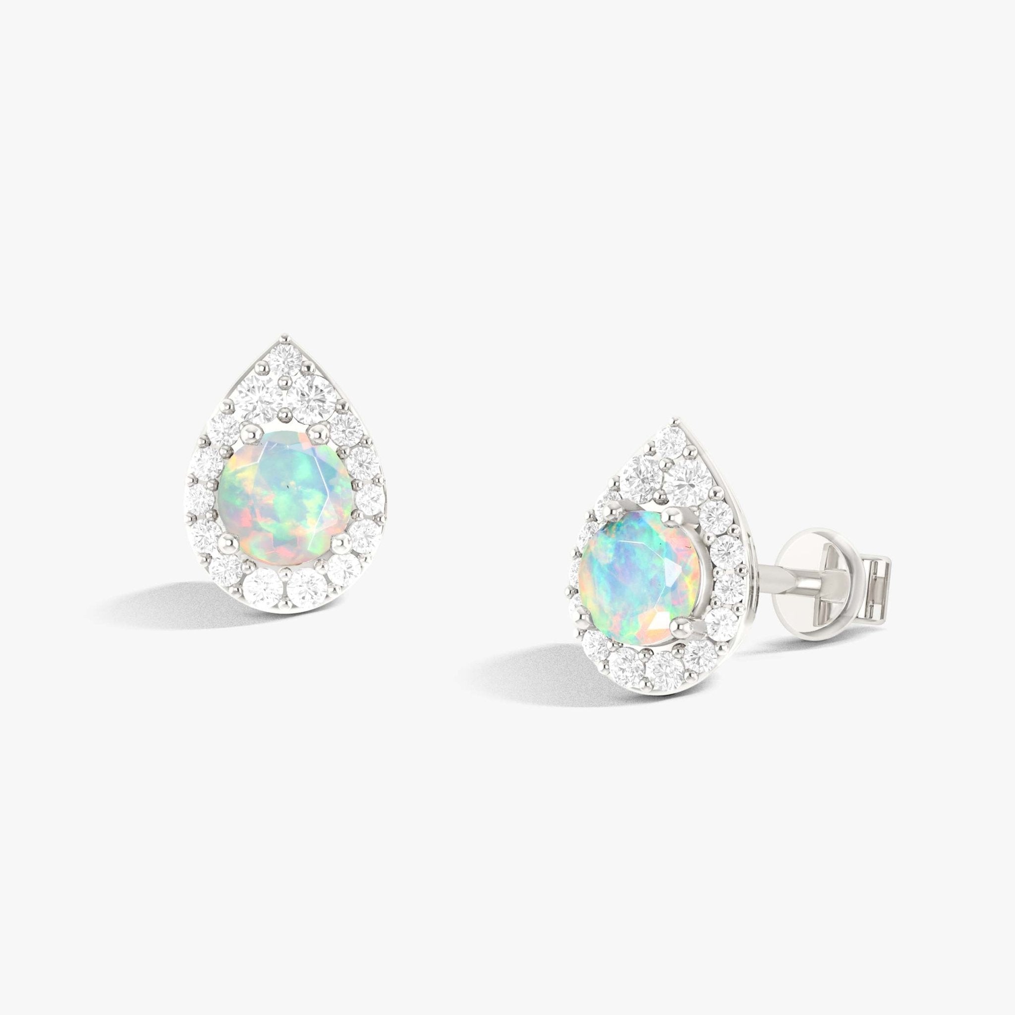 4MM Round Natural White Opal Halo Stud Earrings with Push Back - Goodstone Jewels