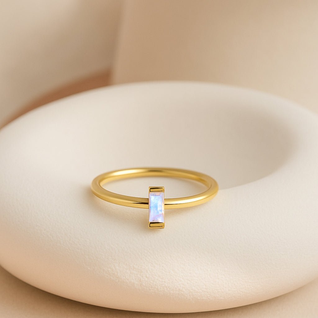 4X2MM Baguette Shape Moonstone Solitaire June Birthstone Ring - Goodstone Jewels