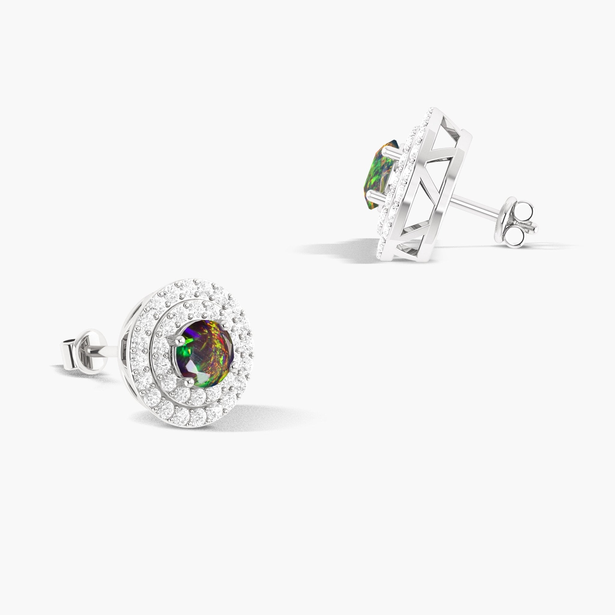 5MM Round Natural Black Opal Halo Stud Earrings with Puch Back - Goodstone Jewels