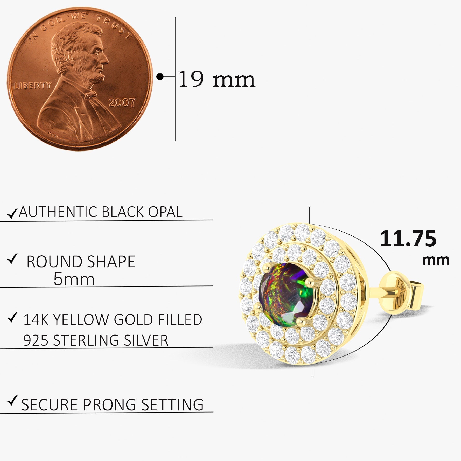 5MM Round Natural Black Opal Halo Stud Earrings with Puch Back - Goodstone Jewels
