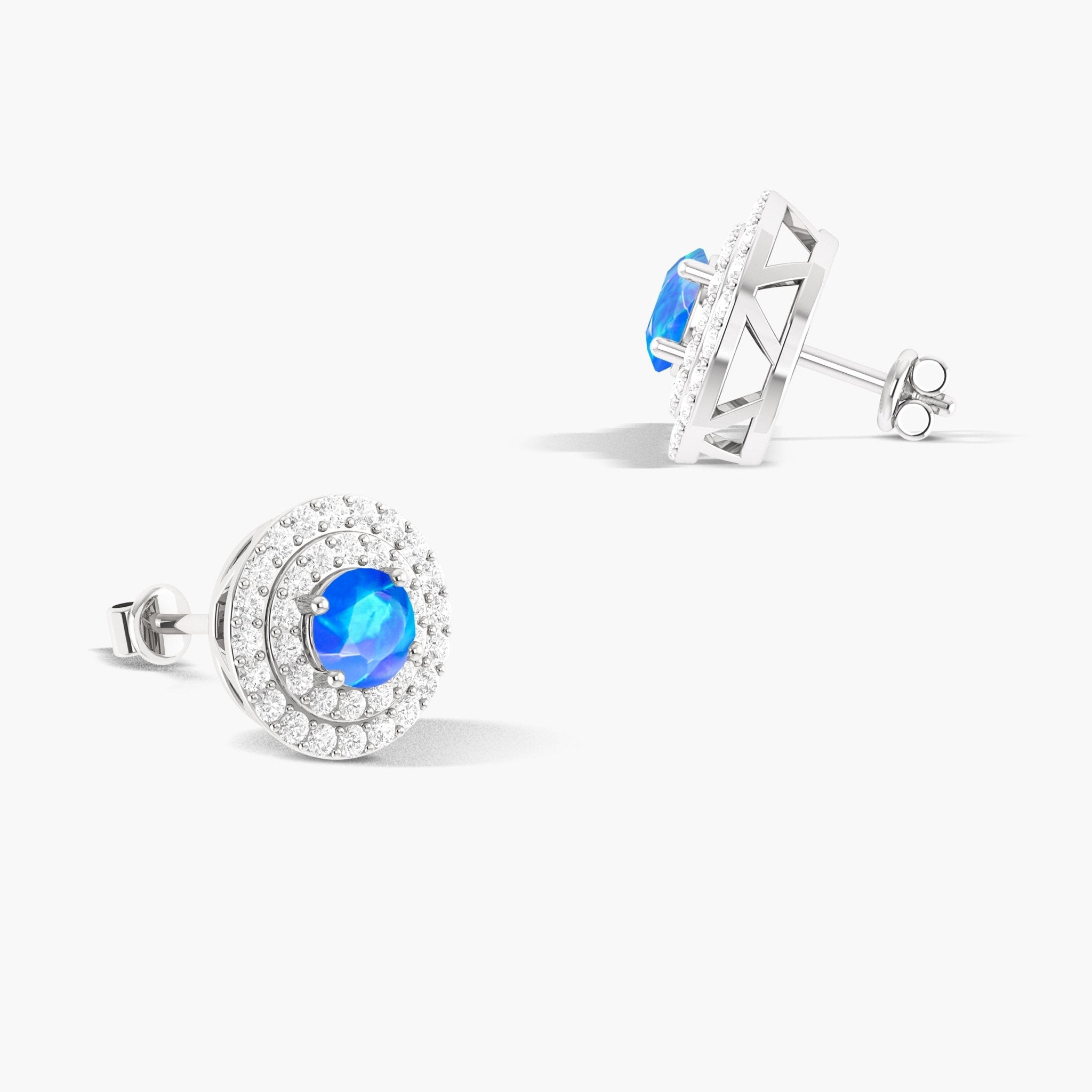 5MM Round Natural Blue Opal Halo Stud Earrings with Puch Back - Goodstone Jewels