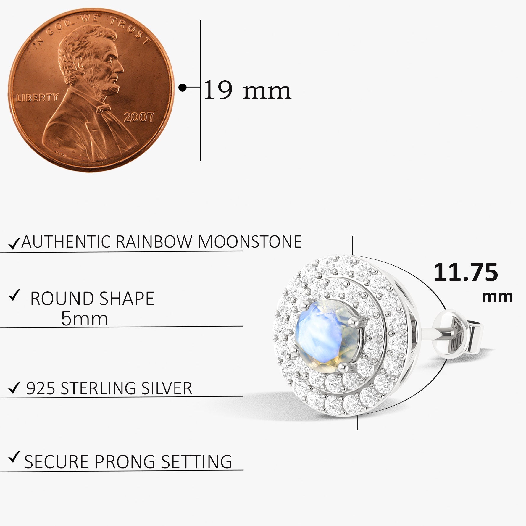 5MM Round Natural Moonstone Halo Stud Earrings with Puch Back - Goodstone Jewels