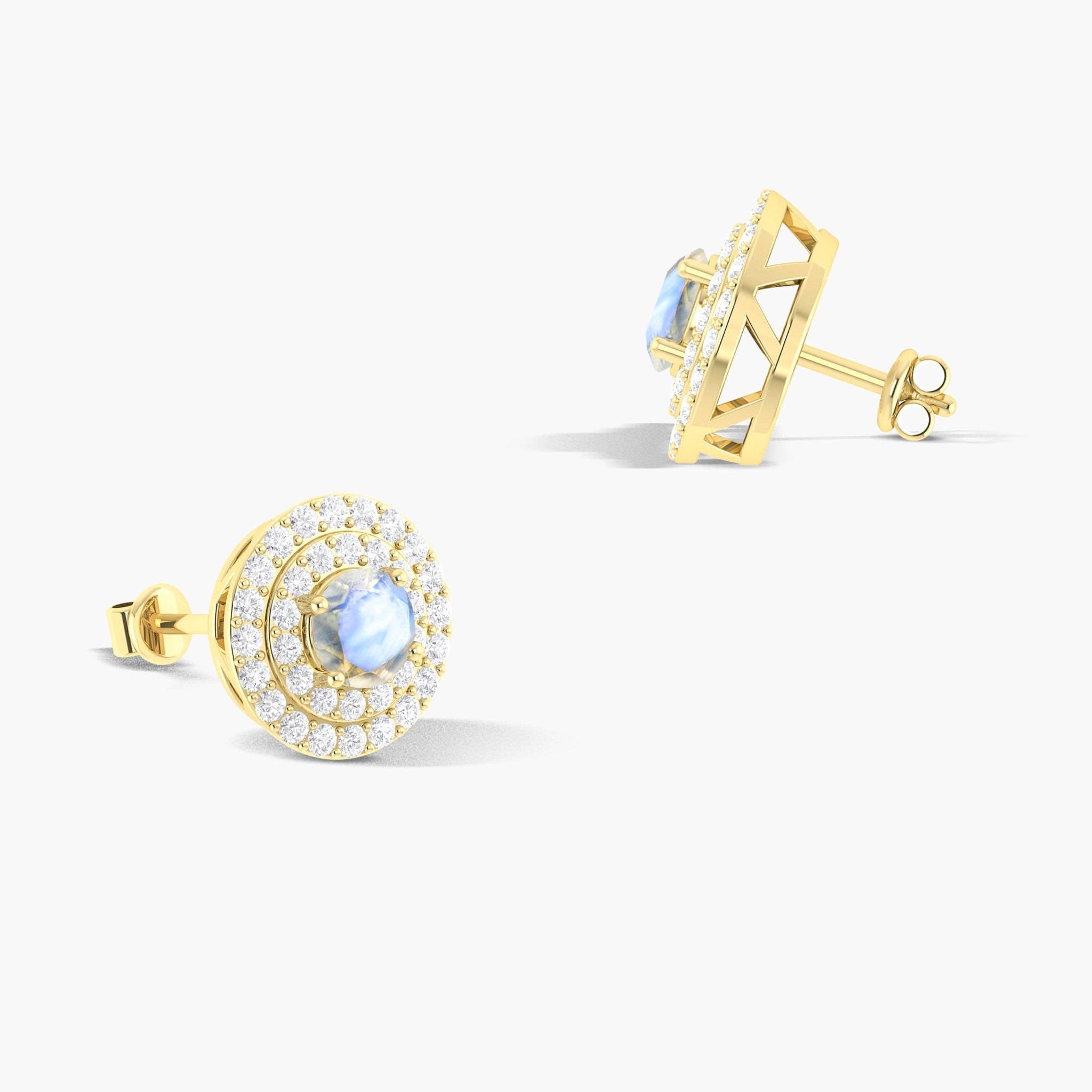 5MM Round Natural Moonstone Halo Stud Earrings with Puch Back - Goodstone Jewels