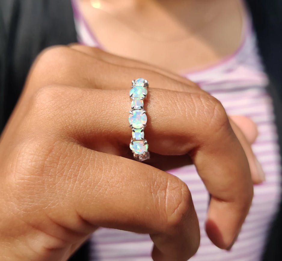 6MM Round Natural White Opal Full Eternity Wedding Band Ring - Goodstone Jewels