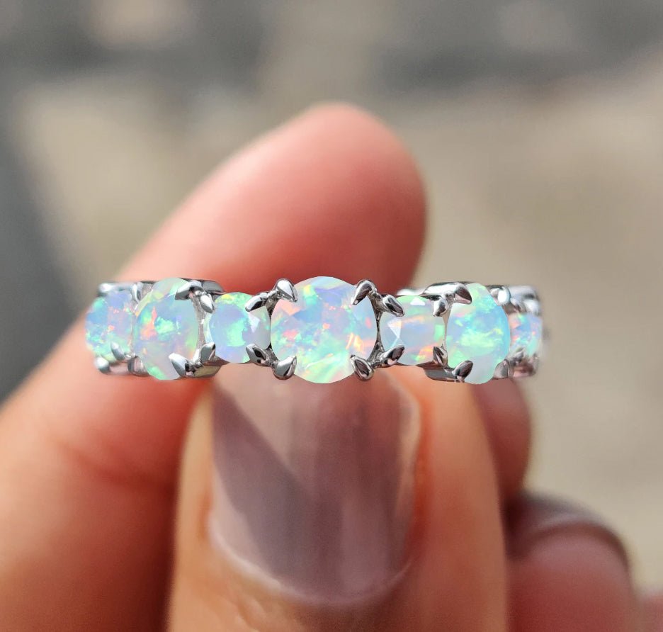 6MM Round Natural White Opal Full Eternity Wedding Band Ring - Goodstone Jewels