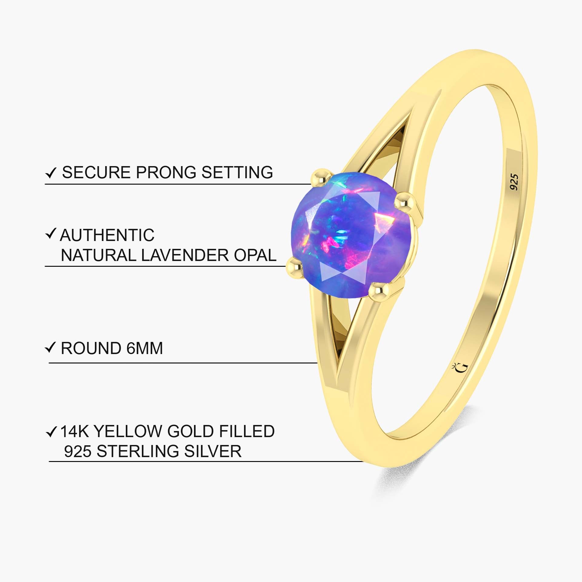 6MM Round Shape Natural Lavender Opal Faceted Cut Solitaire Ring - Goodstone Jewels