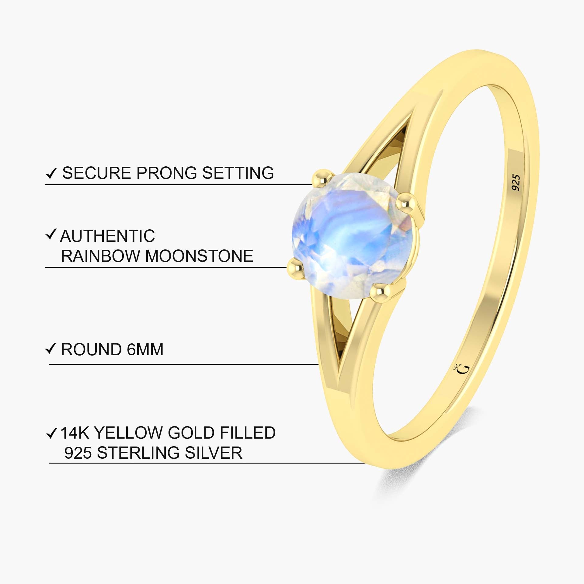 6MM Round Shape Natural Moonstone Faceted Cut Solitaire Ring - Goodstone Jewels