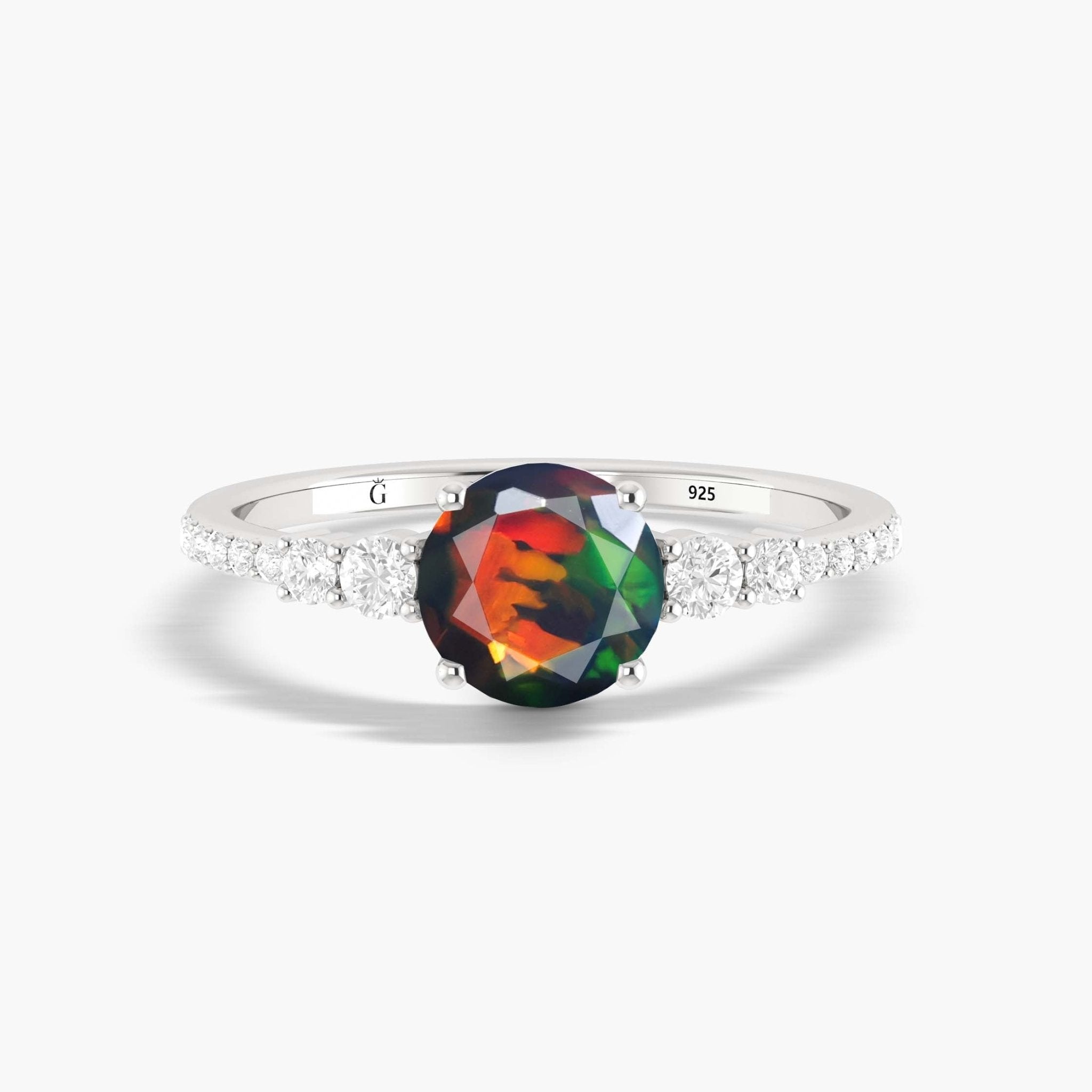 7 MM Round Shape Natural Black Opal Wedding Ring with White Zircon - Goodstone Jewels