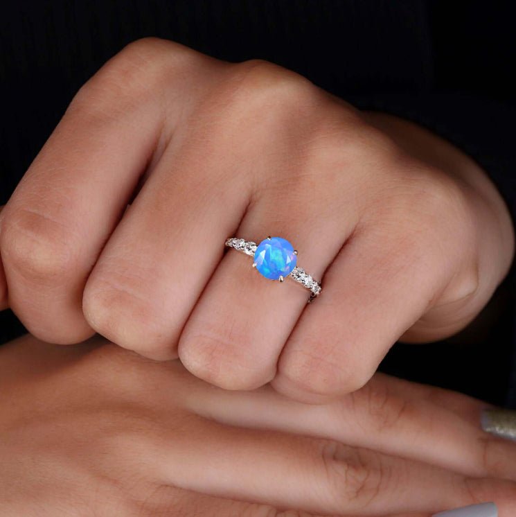 7 MM Round Shape Natural Blue Opal Wedding Ring with White Zircon - Goodstone Jewels
