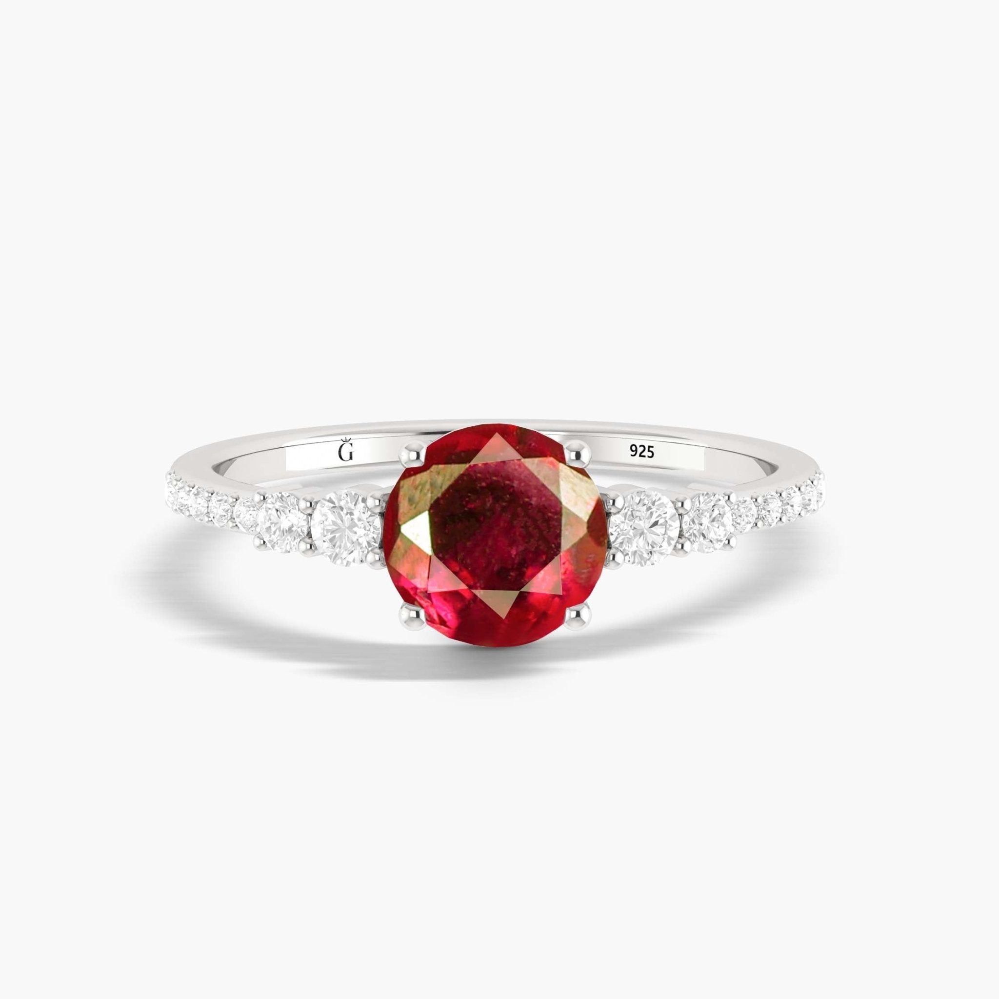 7 MM Round Shape Natural Ruby Wedding Ring with White Zircon - Goodstone Jewels
