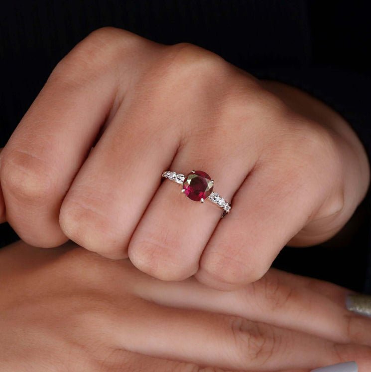 7 MM Round Shape Natural Ruby Wedding Ring with White Zircon - Goodstone Jewels