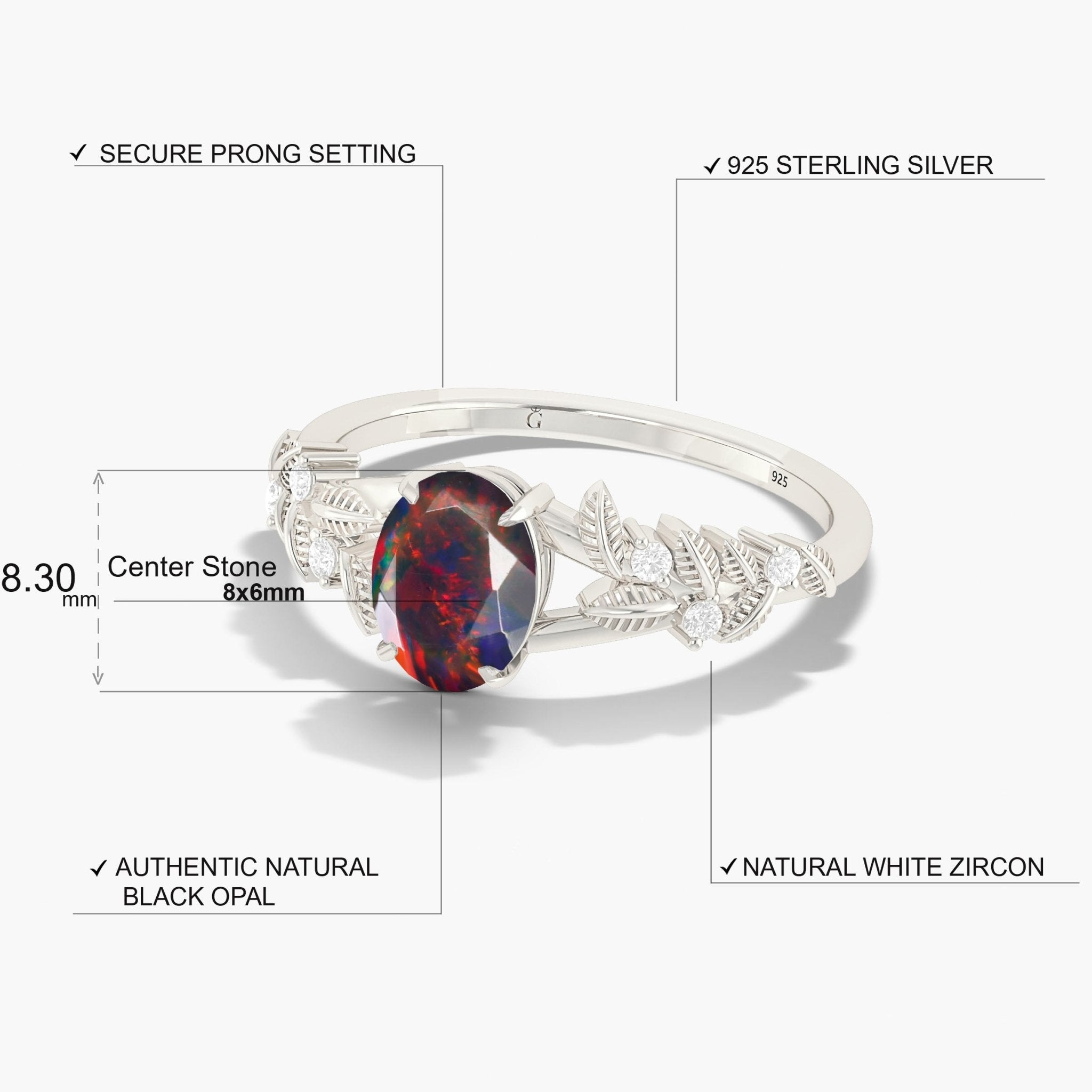 8X6 MM Oval Shape Natural Black Opal Leaf Style Solitaire Ring - Goodstone Jewels