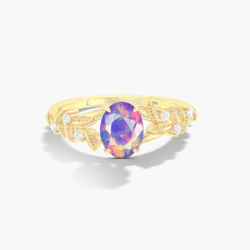 Lavender Opal Solitaire Ring 8x6MM Oval with Leaf Design