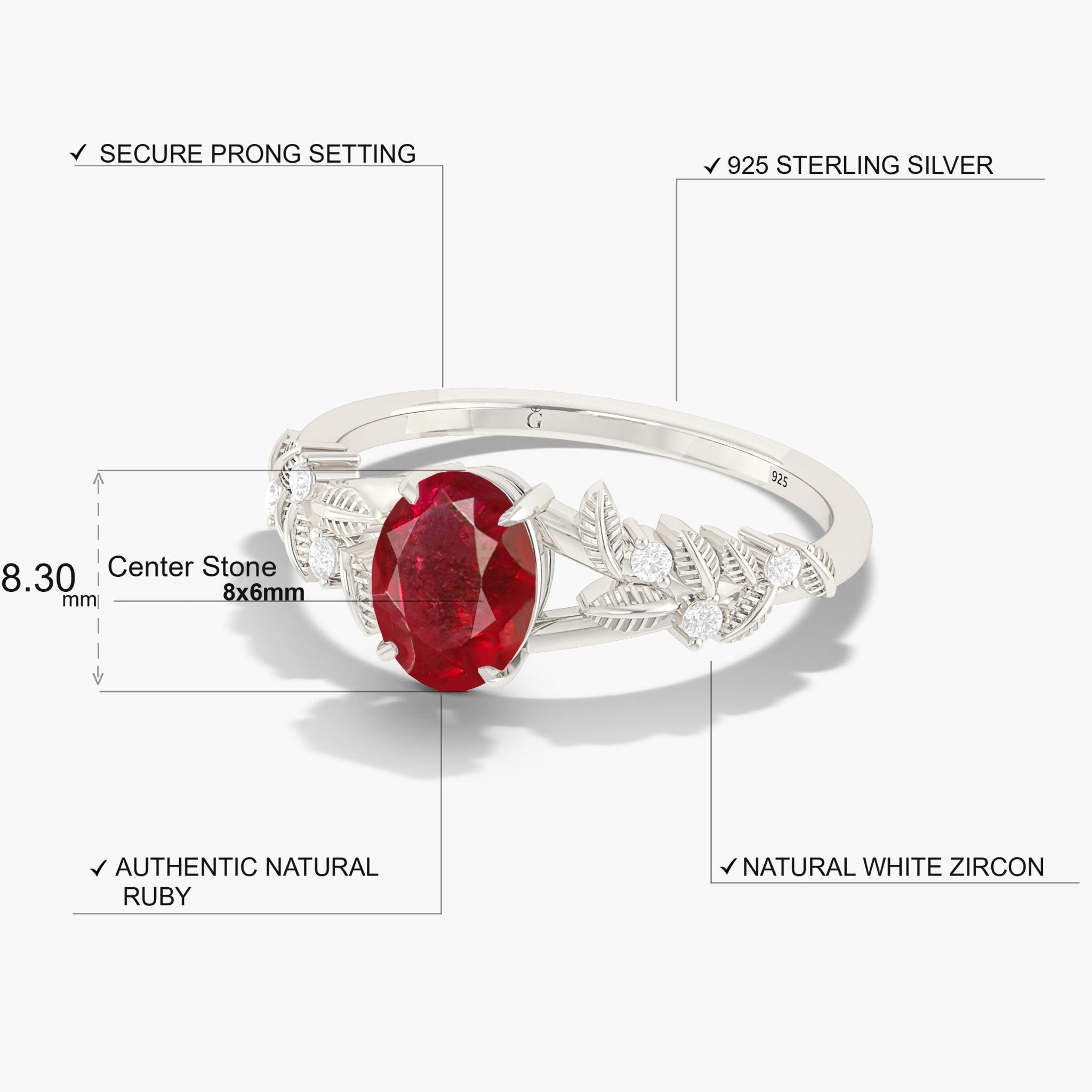 8X6 MM Oval Shape Natural Ruby Leaf Style Solitaire Ring - Goodstone Jewels