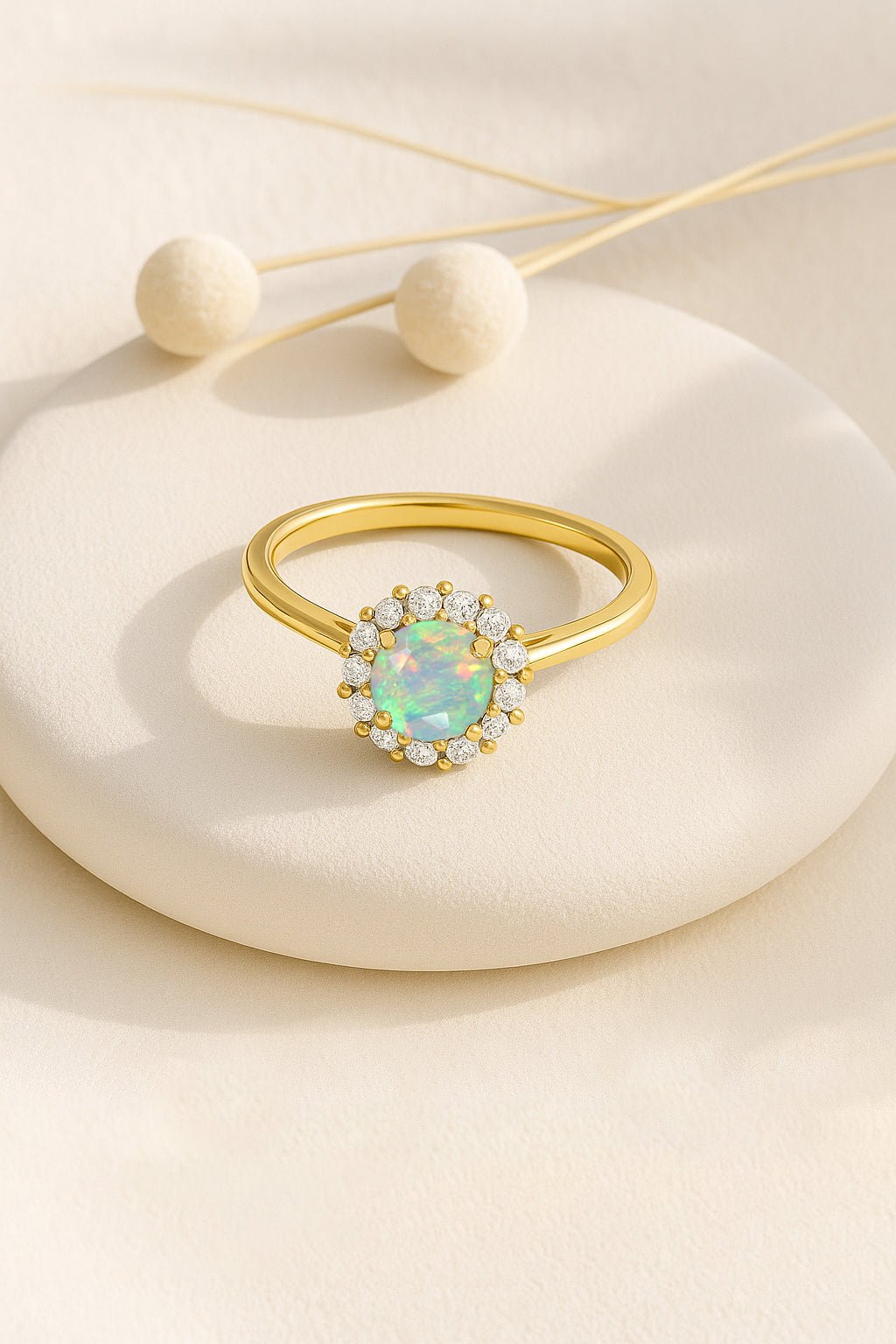 925 Sterling Silver & Yellow Gold Plated White Fire Opal Halo Wedding Ring - Goodstone Jewels