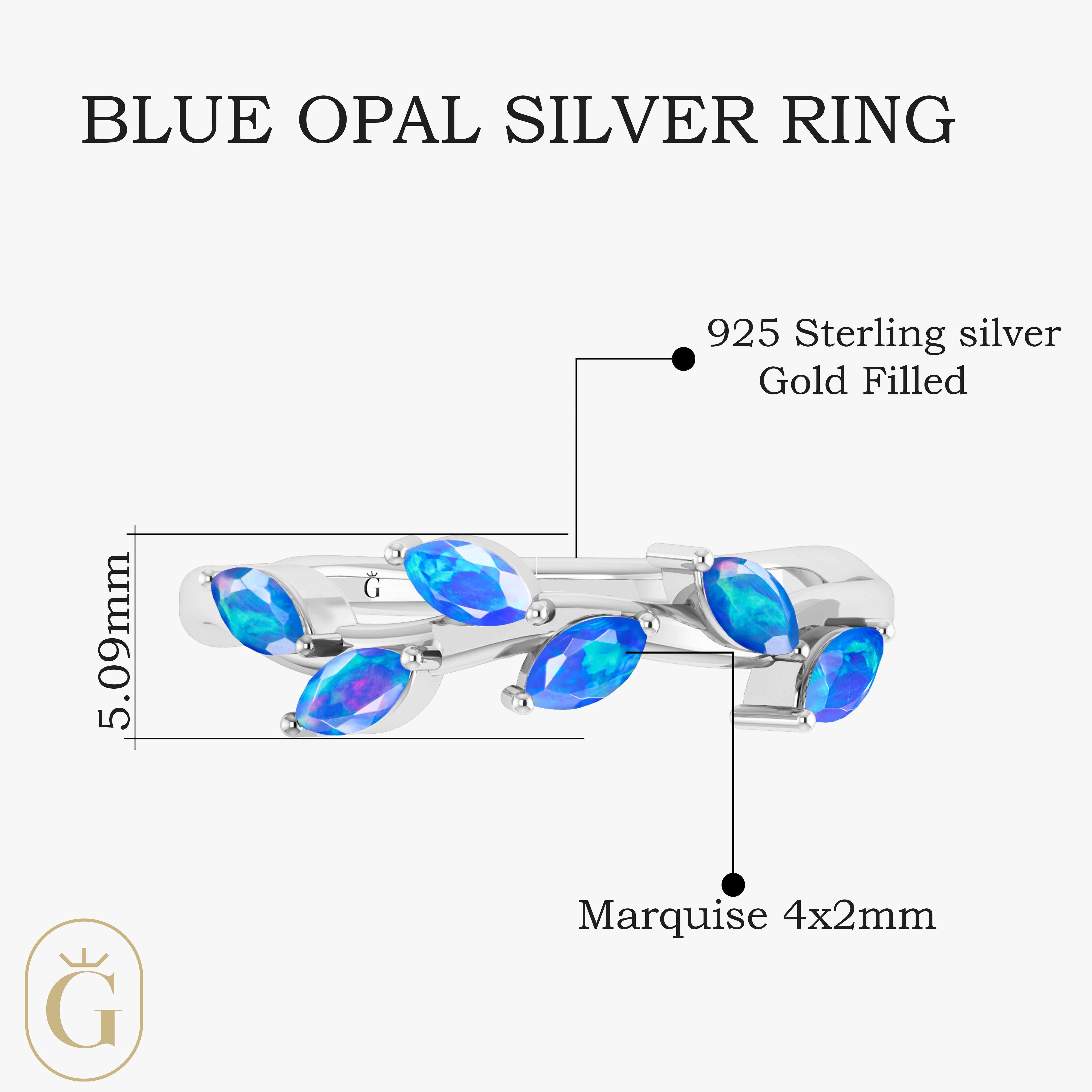 Natural Blue Opal Leaf Style Six Stone Gold Filled & 925 Silver Ring