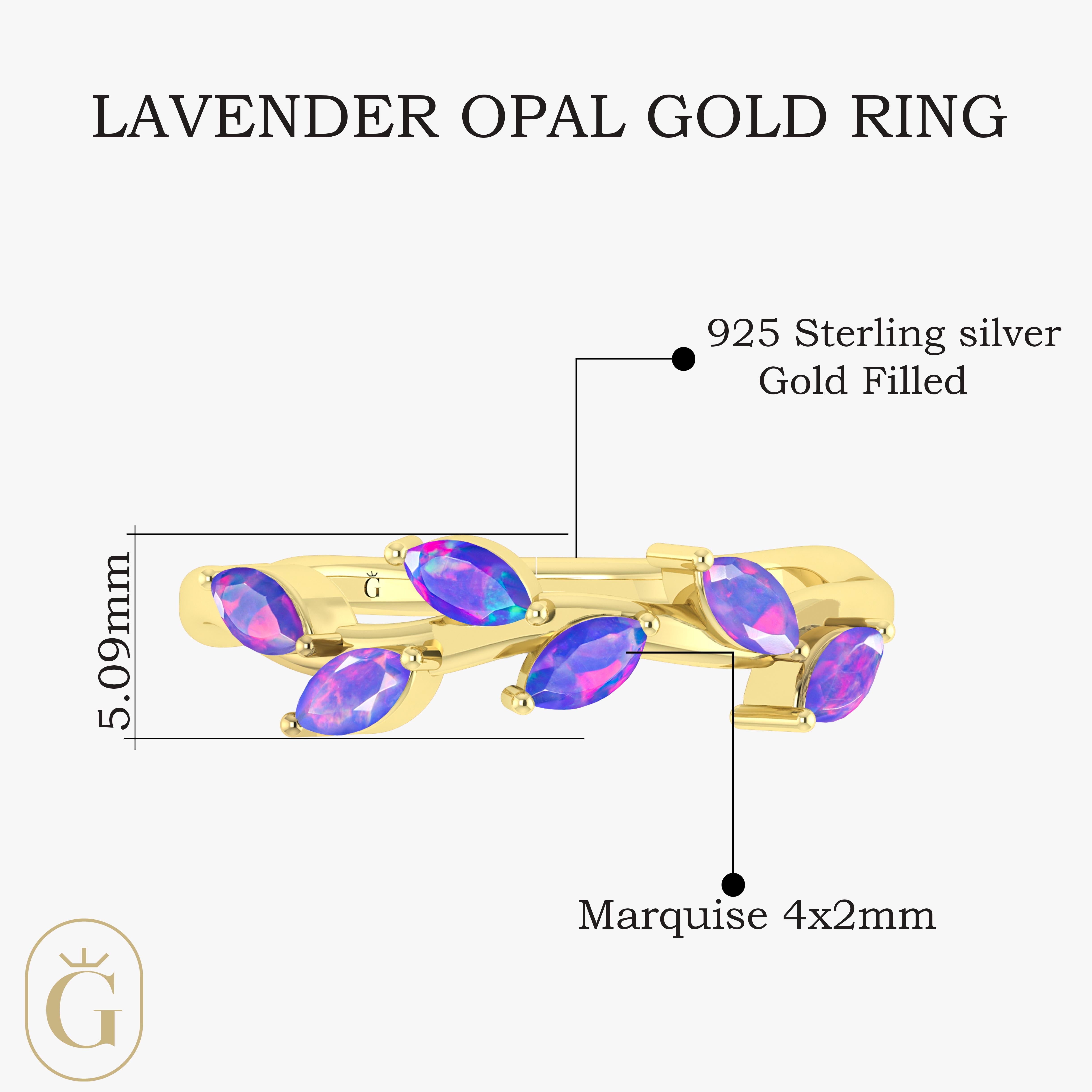 Natural Lavender Opal Leaf Style Six Stone Gold Filled & 925 Silver Ring