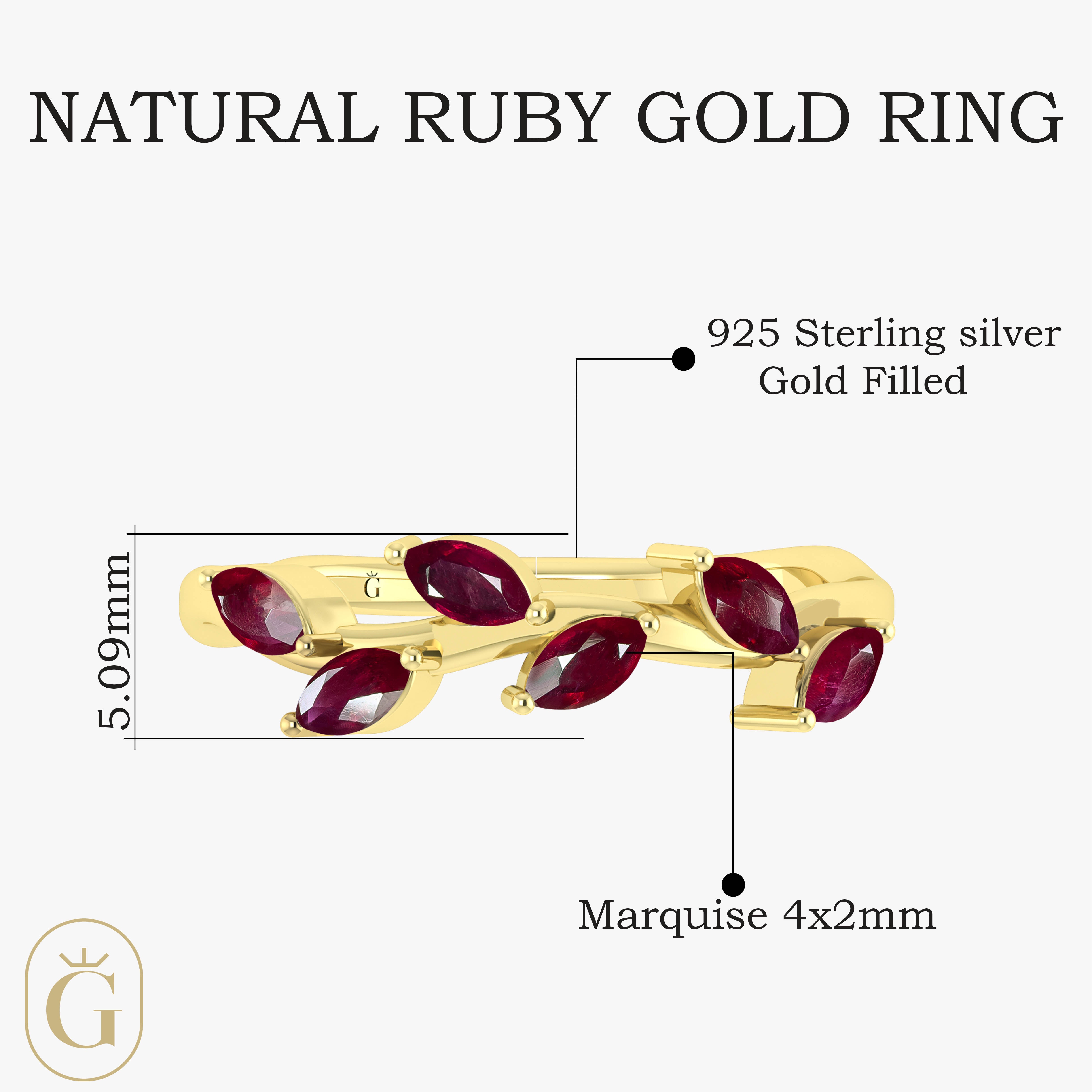 Natural Ruby Leaf Style Six Stone Gold Filled & 925 Silver Ring