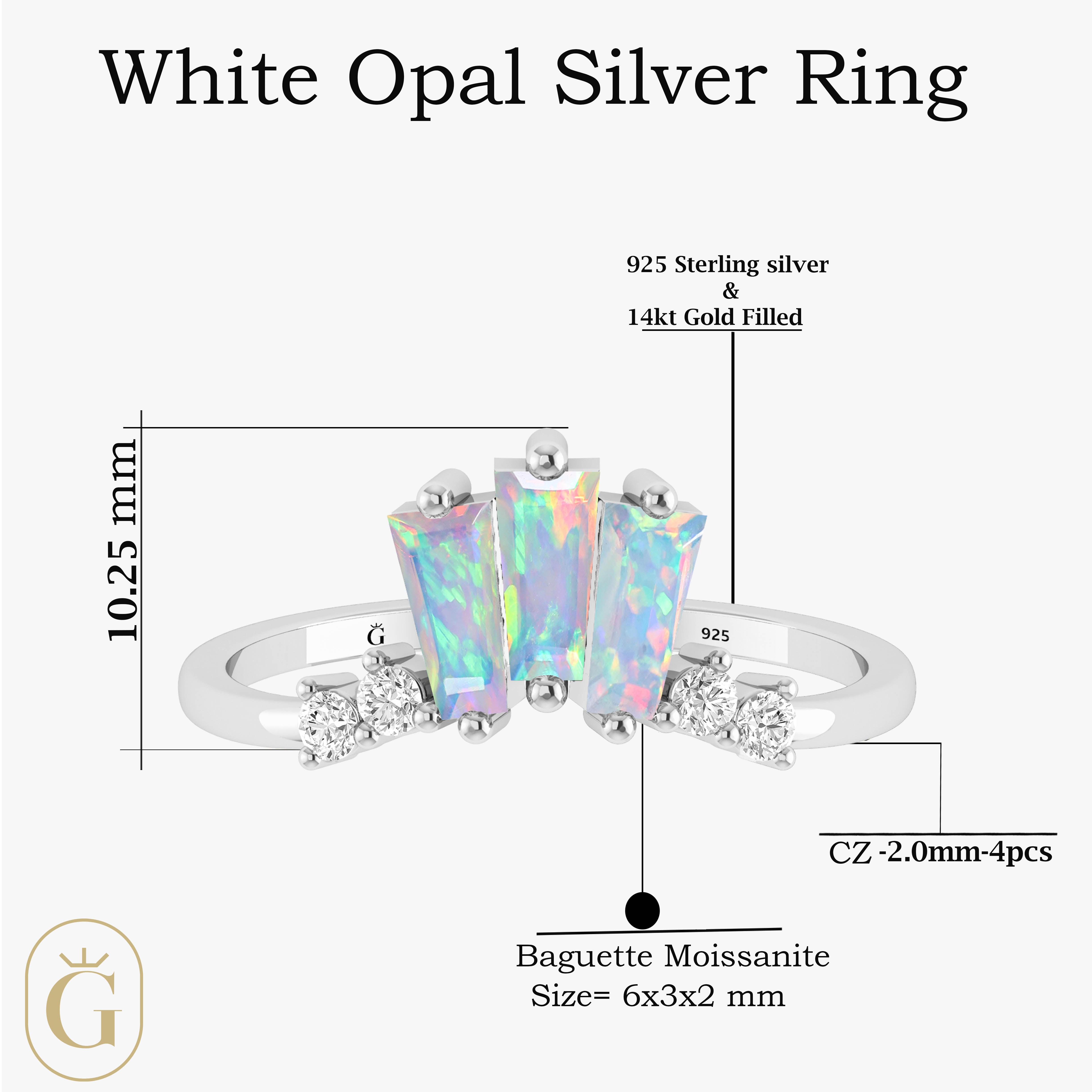 Natural White Opal Baguette Stone Wishbone Crown Style Ring