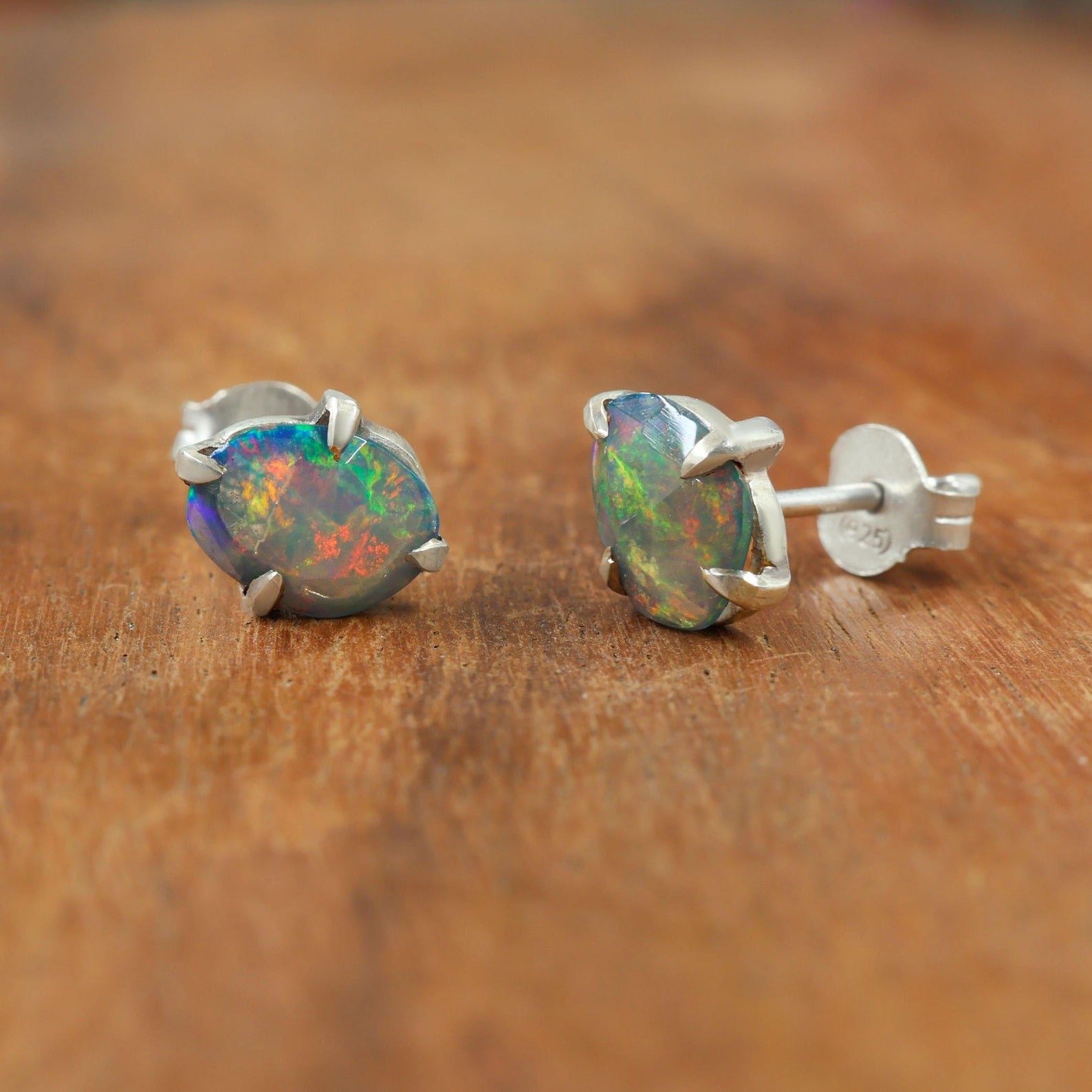 Faceted Black Opal Stud Earrings