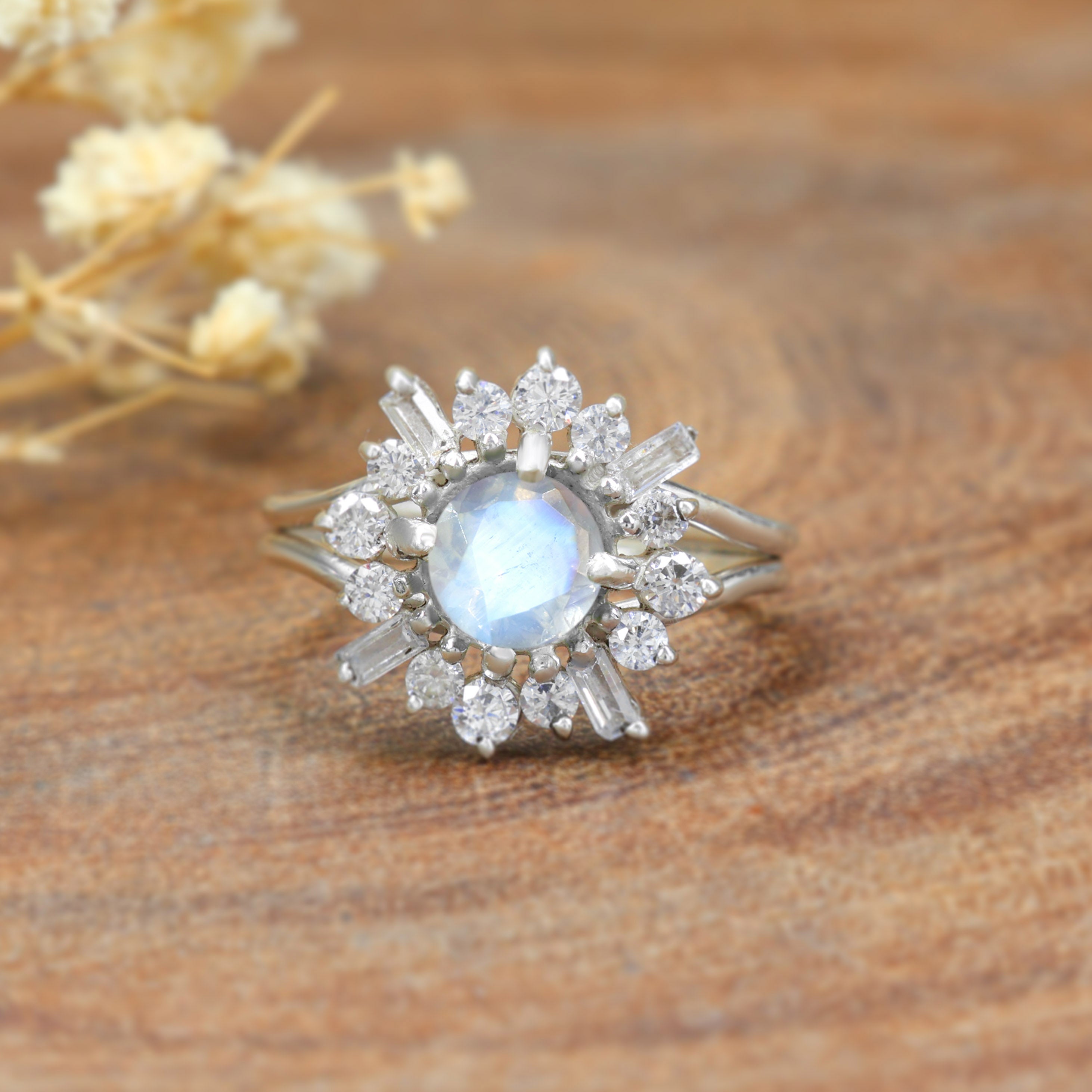 Flower Rainbow Moonstone Gemstone Rings for women
