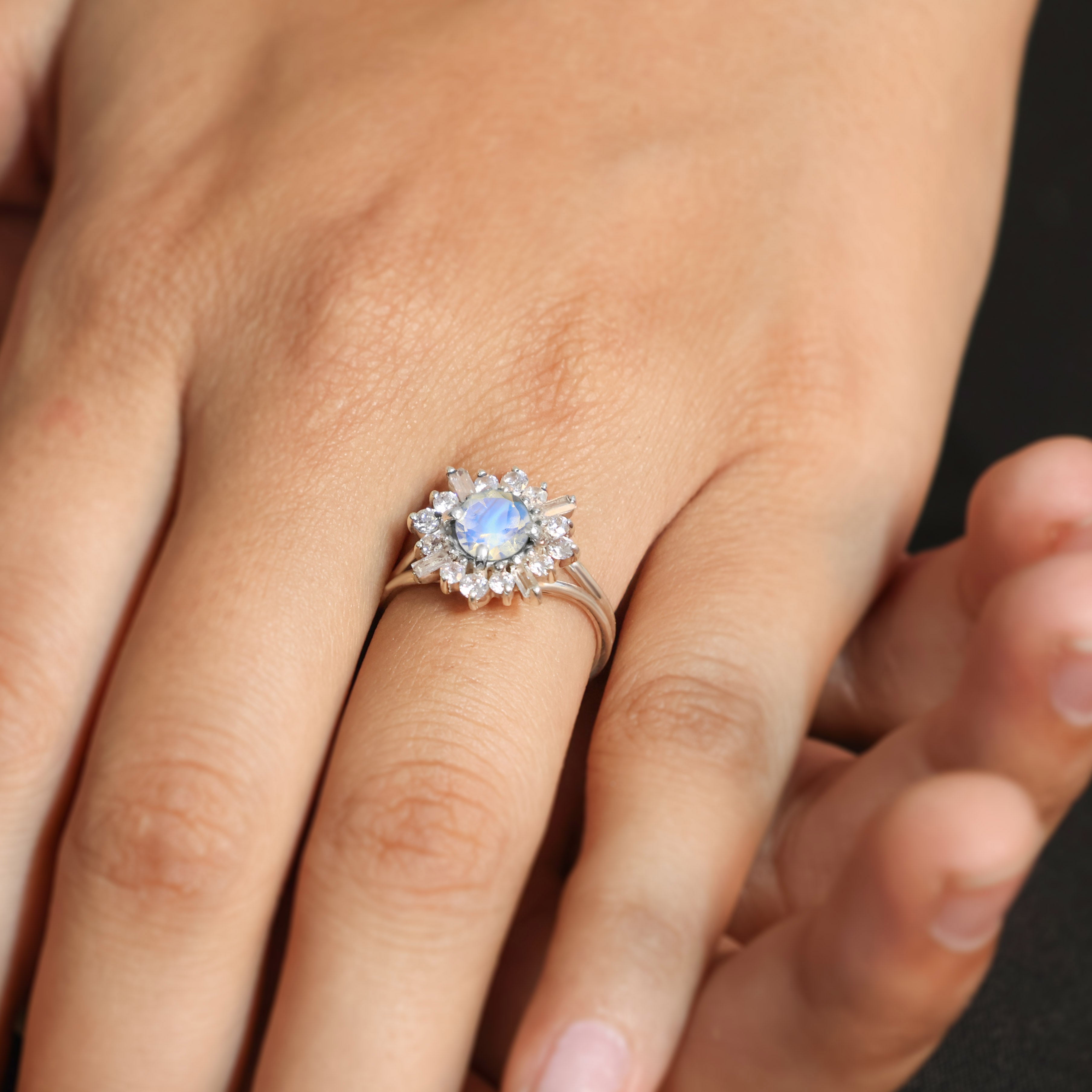 Flower Rainbow Moonstone Gemstone Rings for women