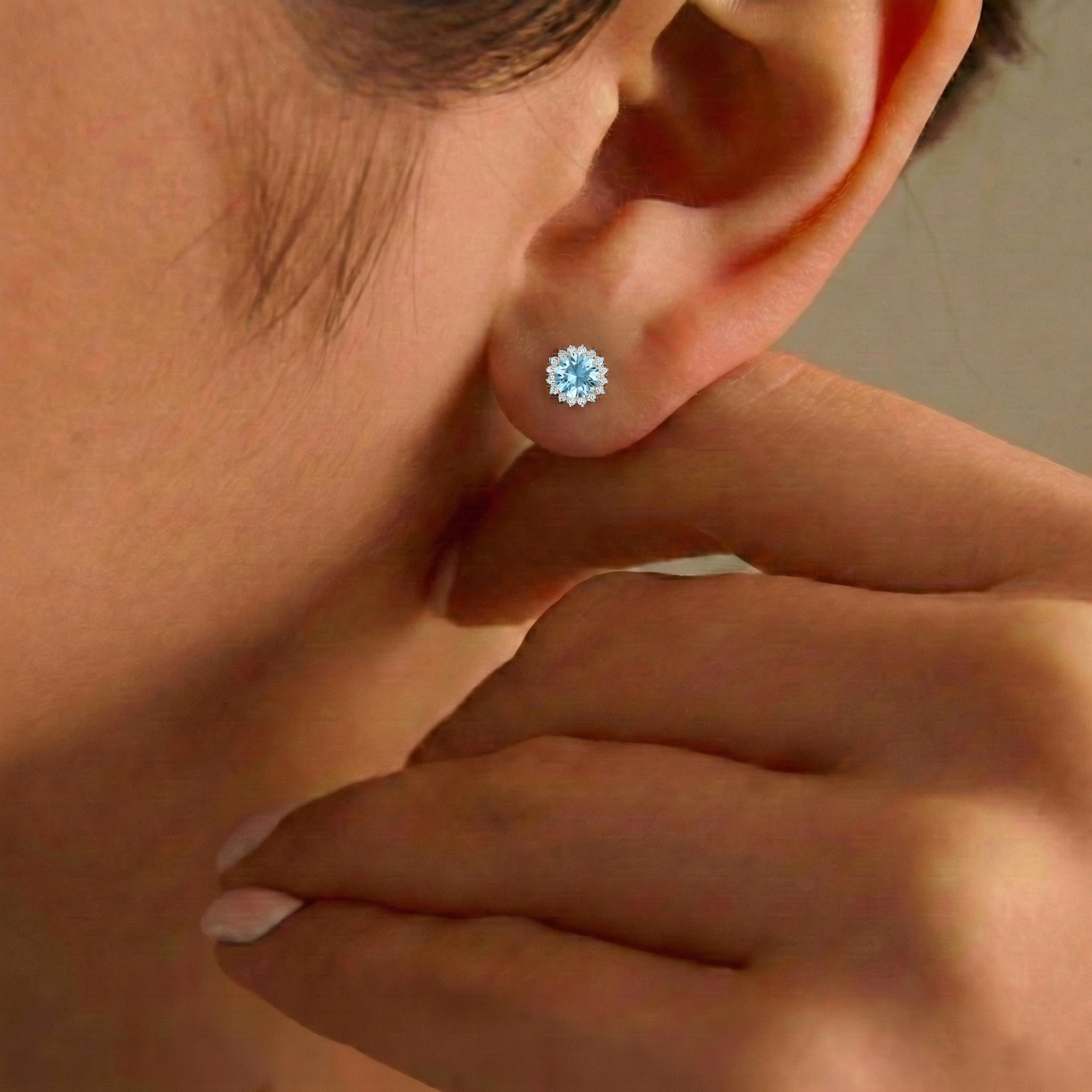 Aquamarine Round Halo Stud Earrings in 925 Sterling Silver 5 MM 1.3ct