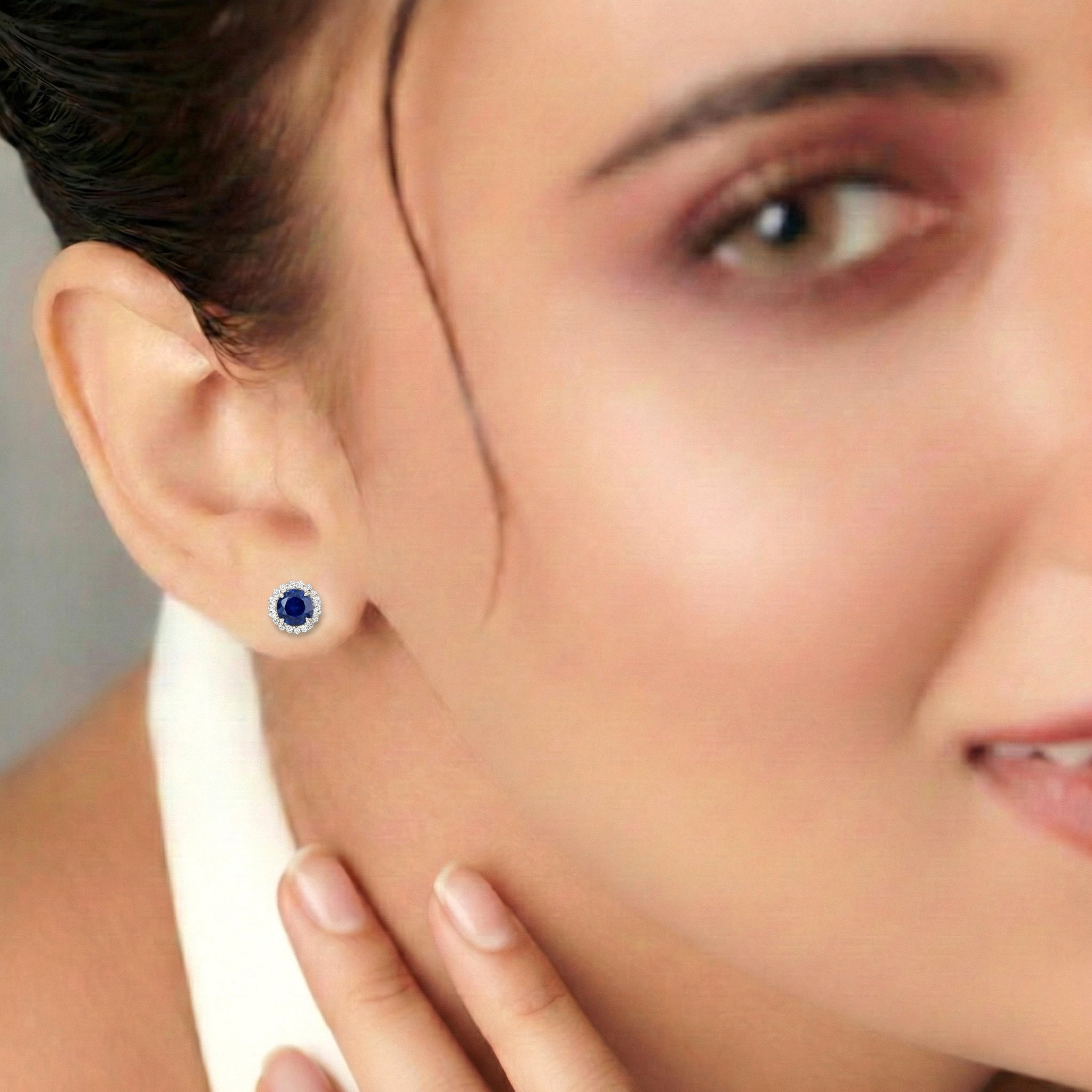 Blue Sapphire Round Halo Stud Earrings in 925 Sterling Silver 5 MM 1.3ct