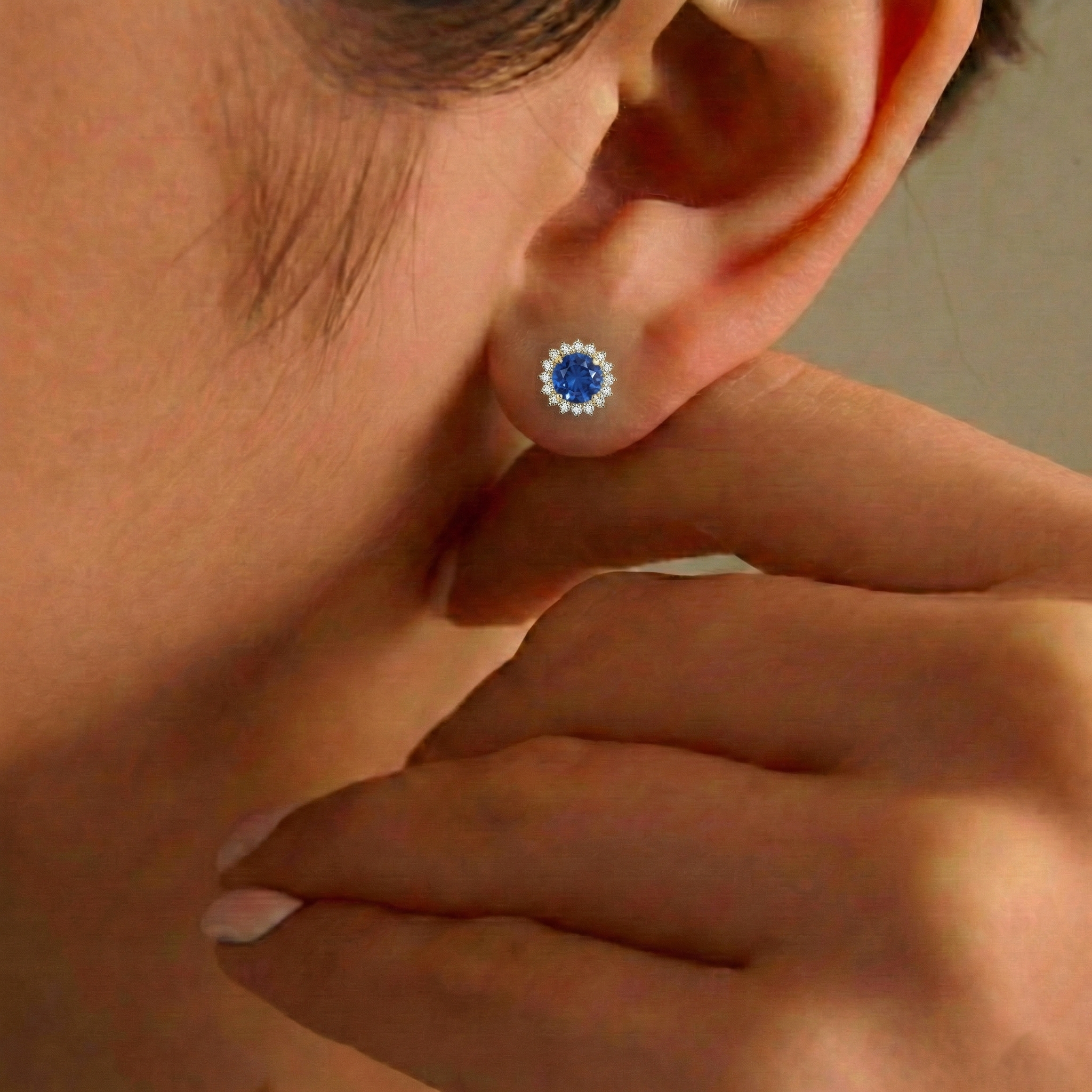 Blue Sapphire Round Halo Stud Earrings in Yellow Gold Plated 5 MM 1.3ct