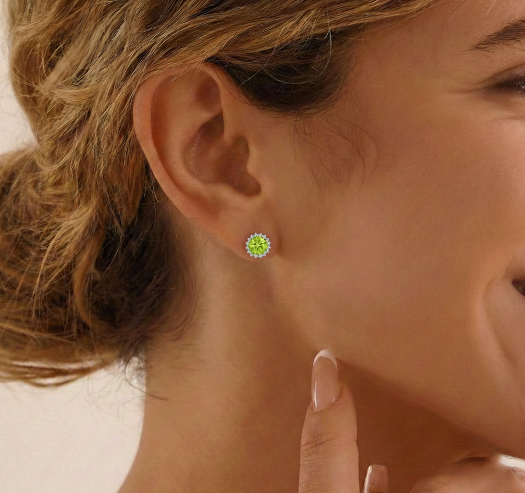 Peridot Round Halo Stud Earrings in 925 Sterling Silver 5 MM 1.3ct