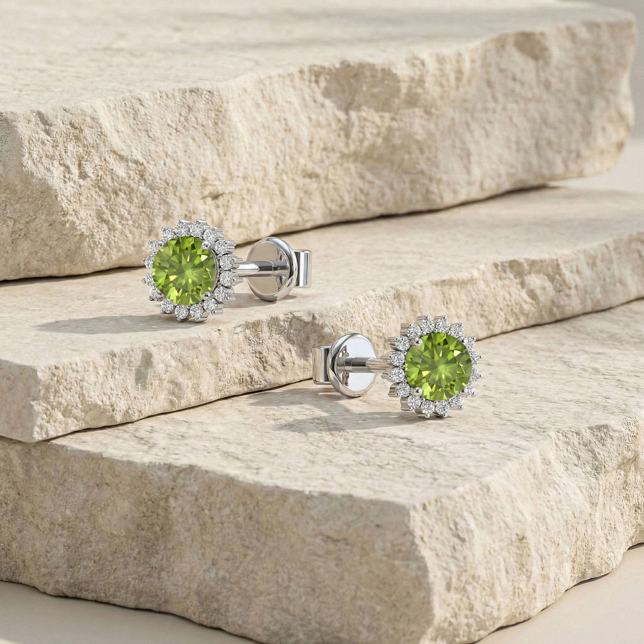 Peridot Round Halo Stud Earrings in 925 Sterling Silver 5 MM 1.3ct